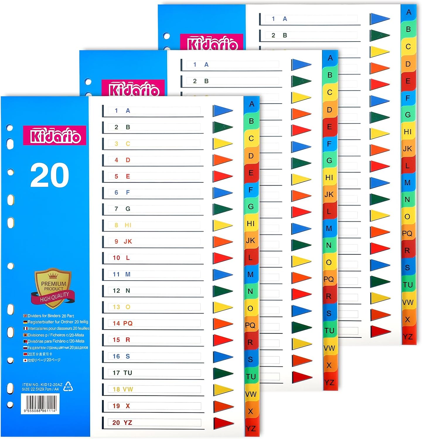 FUYOAL A4 File Dividers (3-pack, 20 tabs each) A–Z coloured plastic index dividers