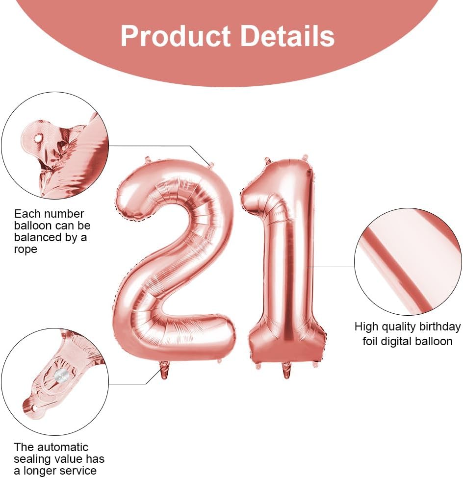 Thumbnail 2 de OFFCUP 40 Inch Number 21 Balloon – Large Rose Gold Foil Balloons (2-Pack)