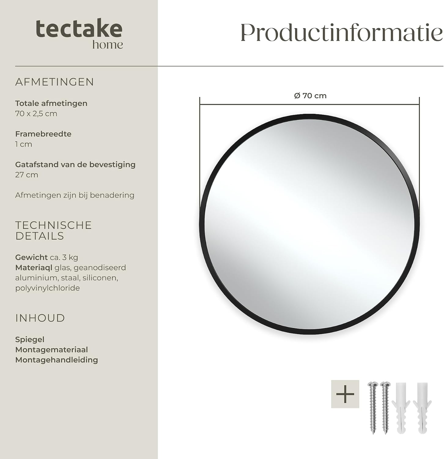 Detalle 2 de tectake Fiona ronde wandspiegel Ø 70 cm met geanodiseerd aluminium frame