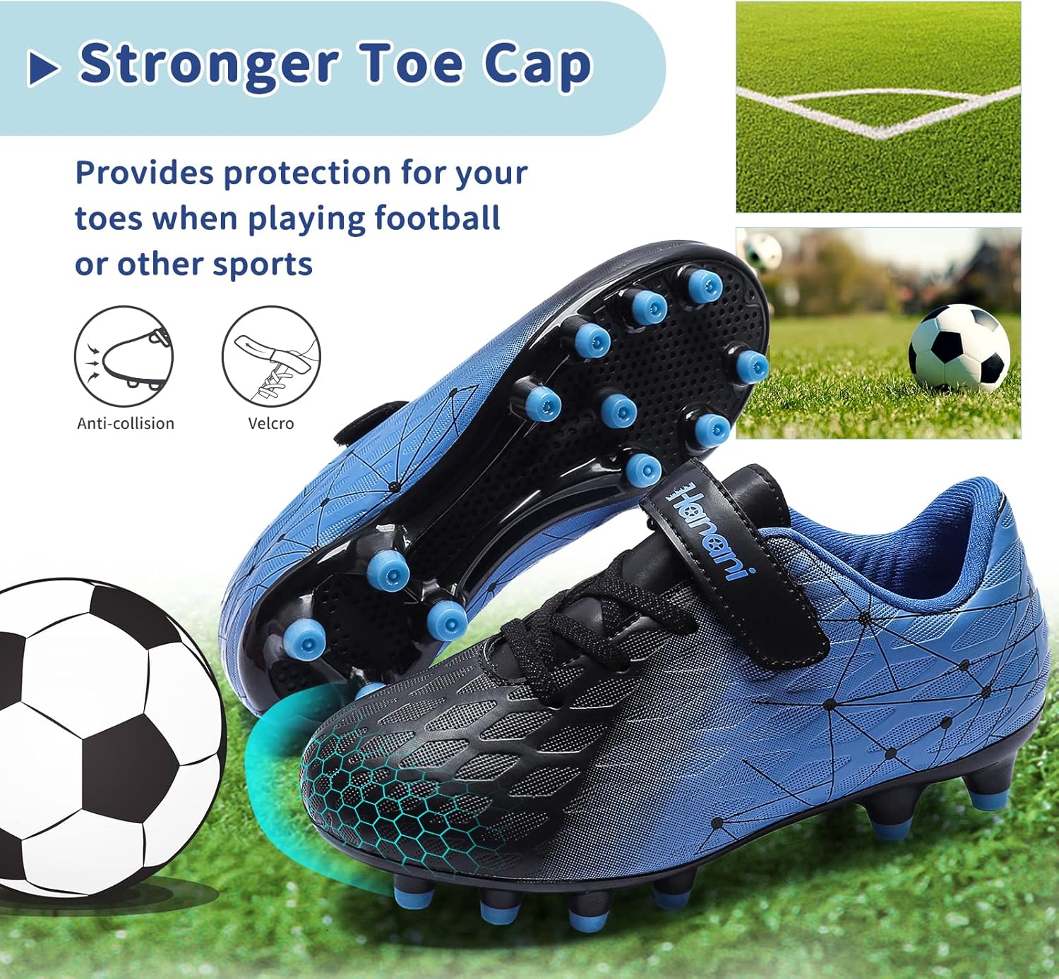 Thumbnail 4 de Boys Football Boots Shoes for Kids and Teens: FG/AG Soccer Cleats with Adjustable Hook-and-Loop Fit