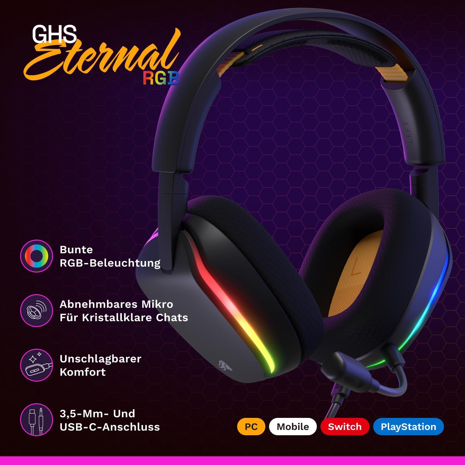 Detalle de GLORIOUS GHS Eternal RGB Gaming-Headset – Abnehmbares Mikrofon, USB-C, 16,8 Mio. Farben, Komfort & Robustheit