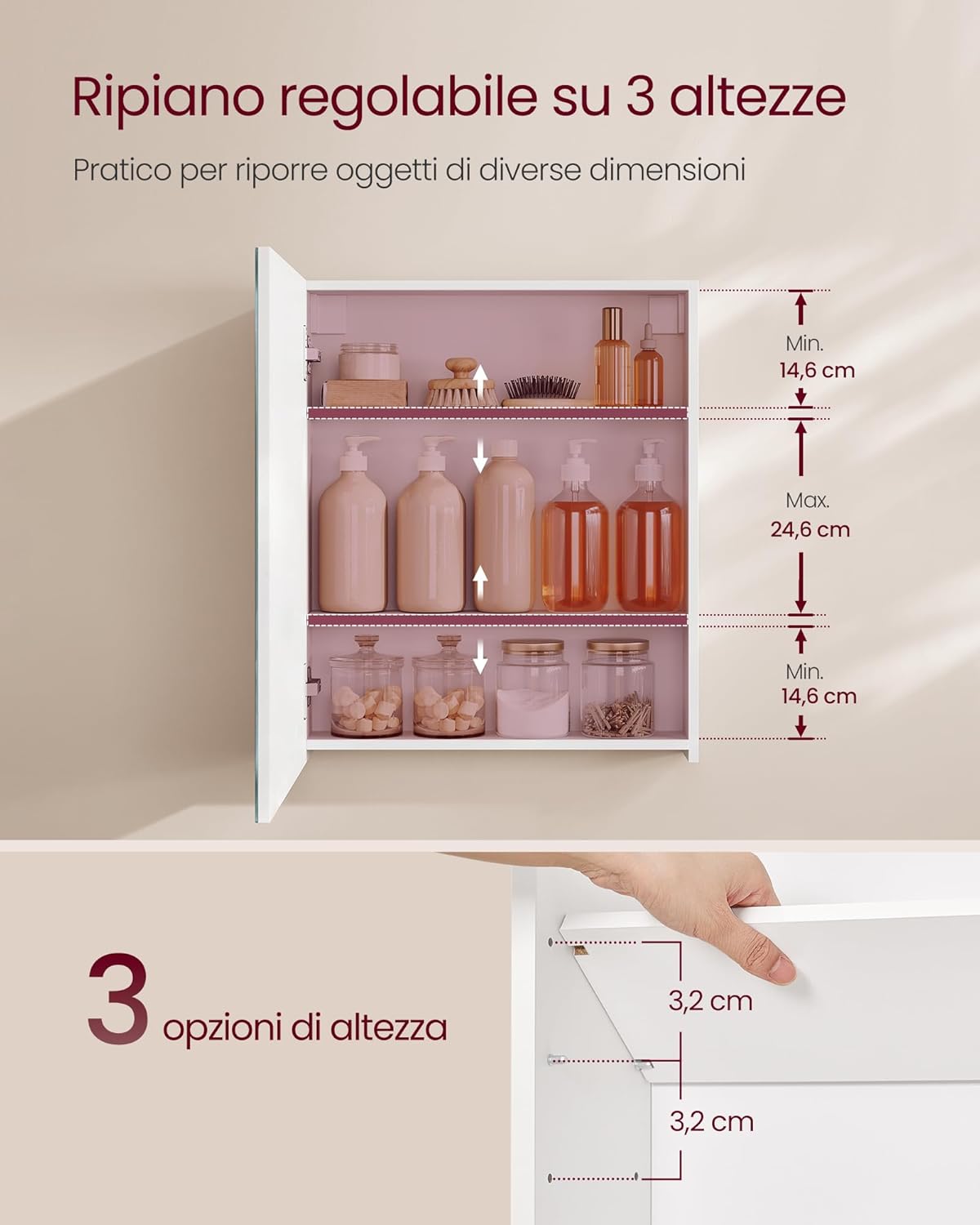 Detalle 2 de VASAGLE KAILYN Collezione – Armadietto a Specchio da Parete per Bagno, 13 x 50 x 60 cm, Bianco BBK012WB01