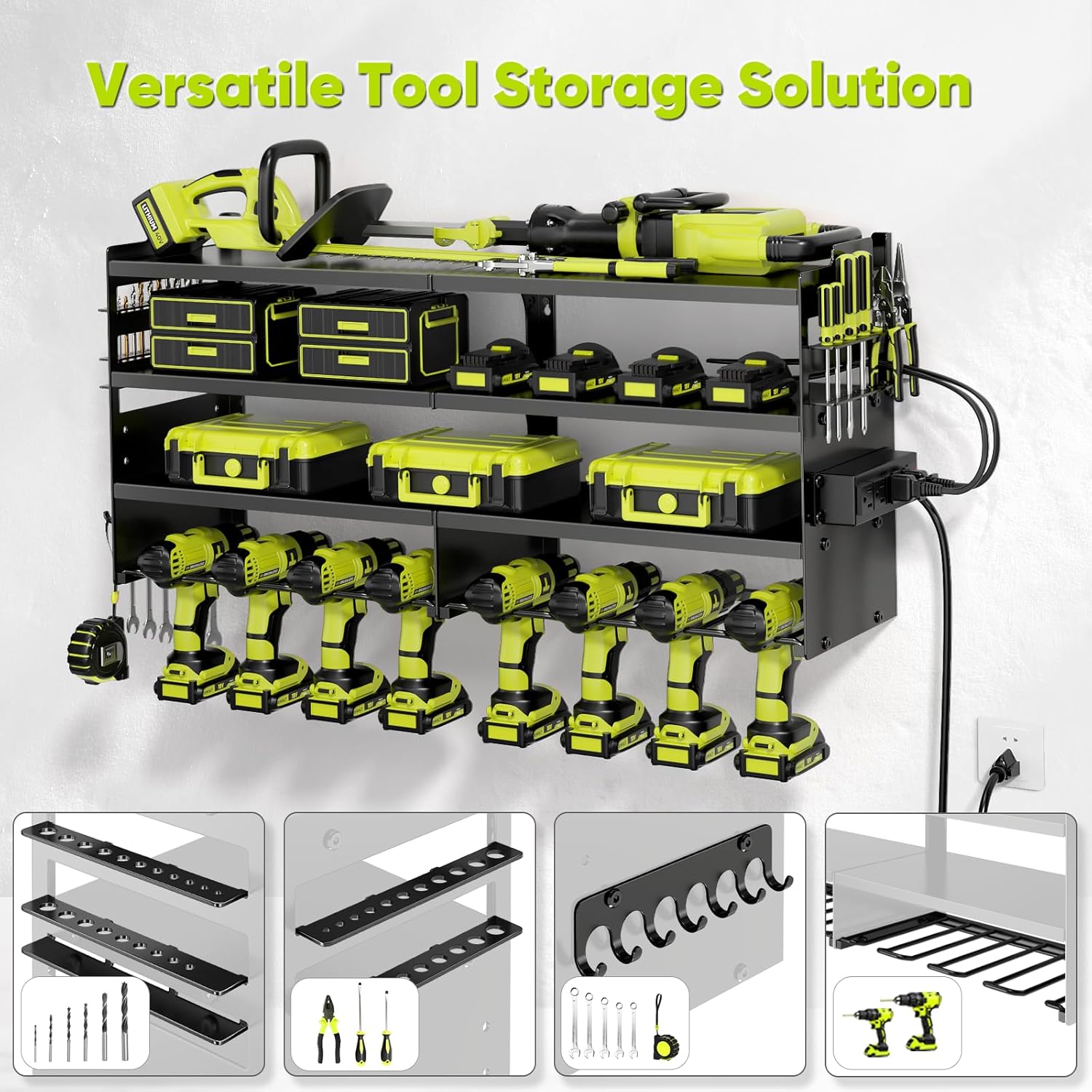 Thumbnail 2 de POKIPO Large Power Tool Organizer Wall Mount with Charging Station (4-Layer Metal Tool Storage Rack)