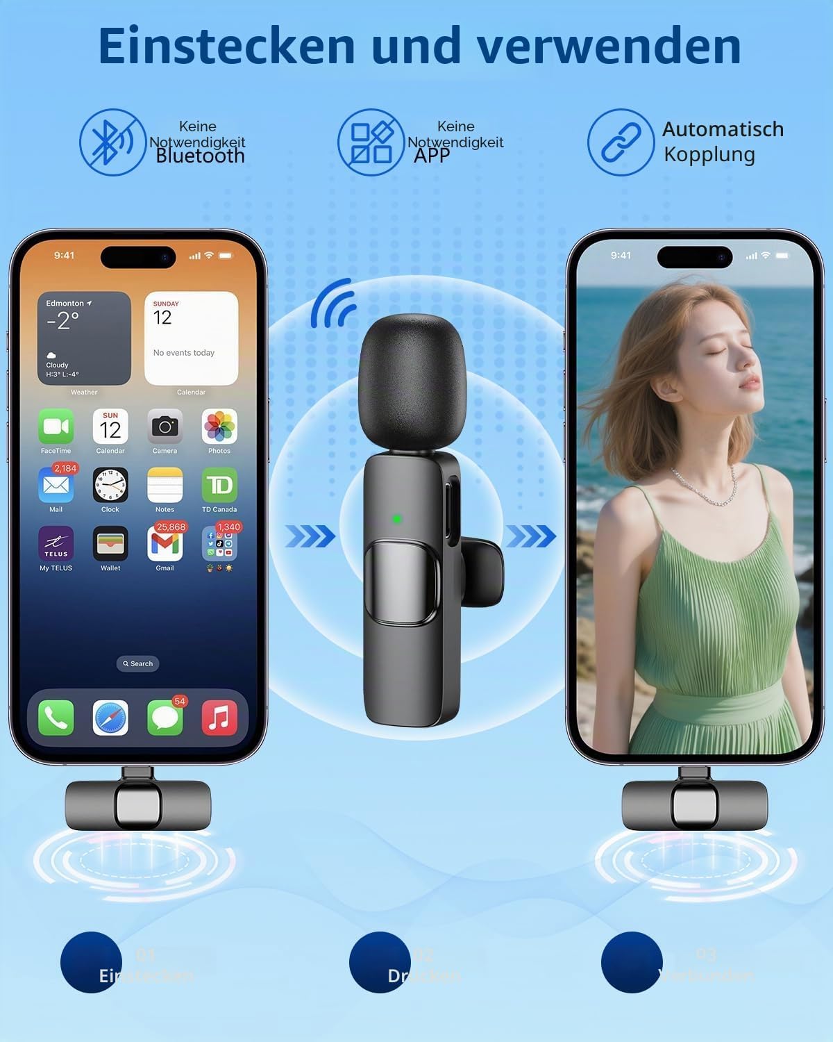 Detalle de HONGJIEYUAN Kabelloses Lavalier-Mikrofon für iPhone & Android – 2-in-1 Laden, 19,8 m Reichweite, 8 h Akku