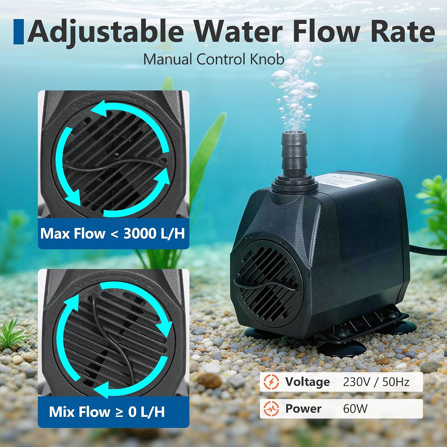 Thumbnail 4 de Orientools Submersible Water Pump (3000L/H, 60W) — 230V with 4 Nozzles for Fish Tank, Pond, and Hydroponics