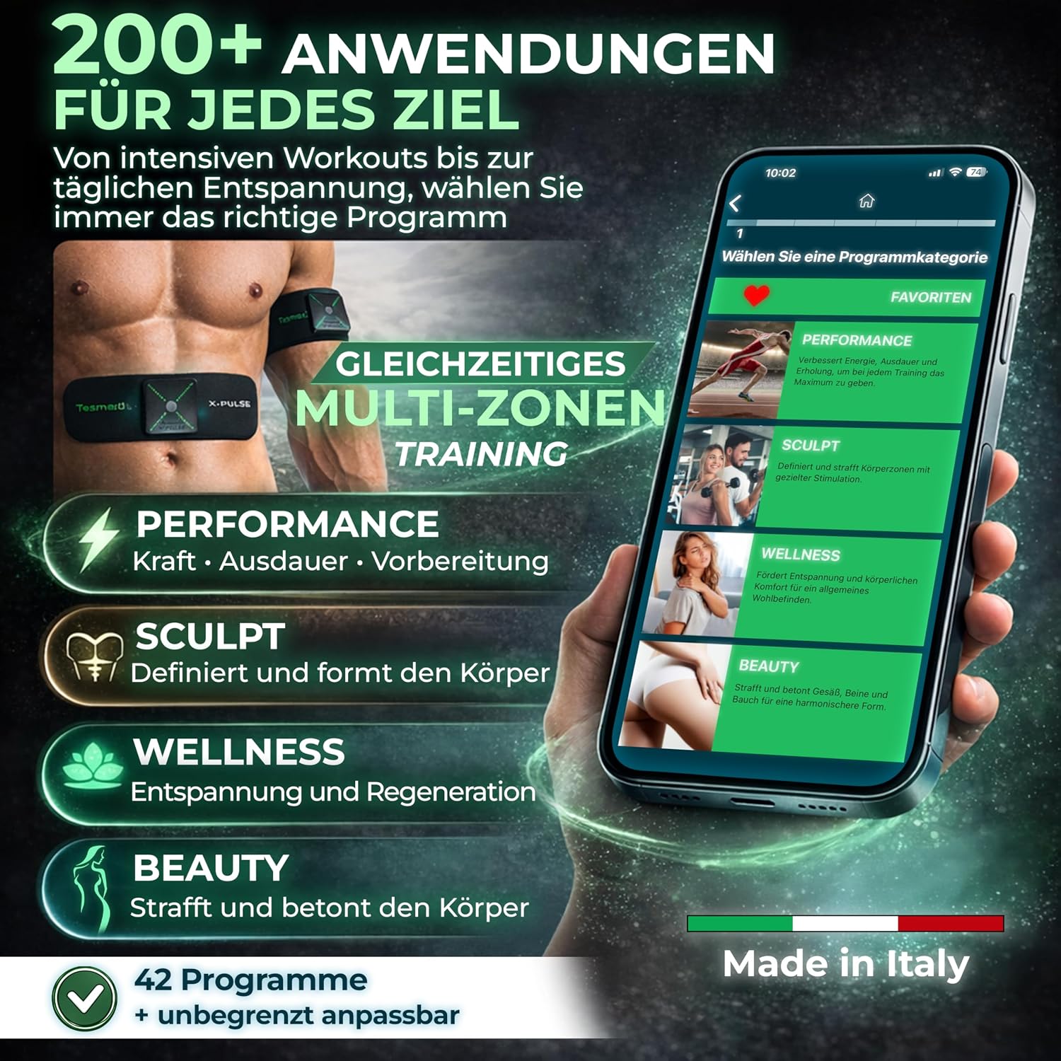 Detalle de TESMED X-Pulse Wiederaufladbarer kabelloser EMS-Muskelstimulator – 2 Geräte, App-Steuerung, 130 Intensitätsstufen