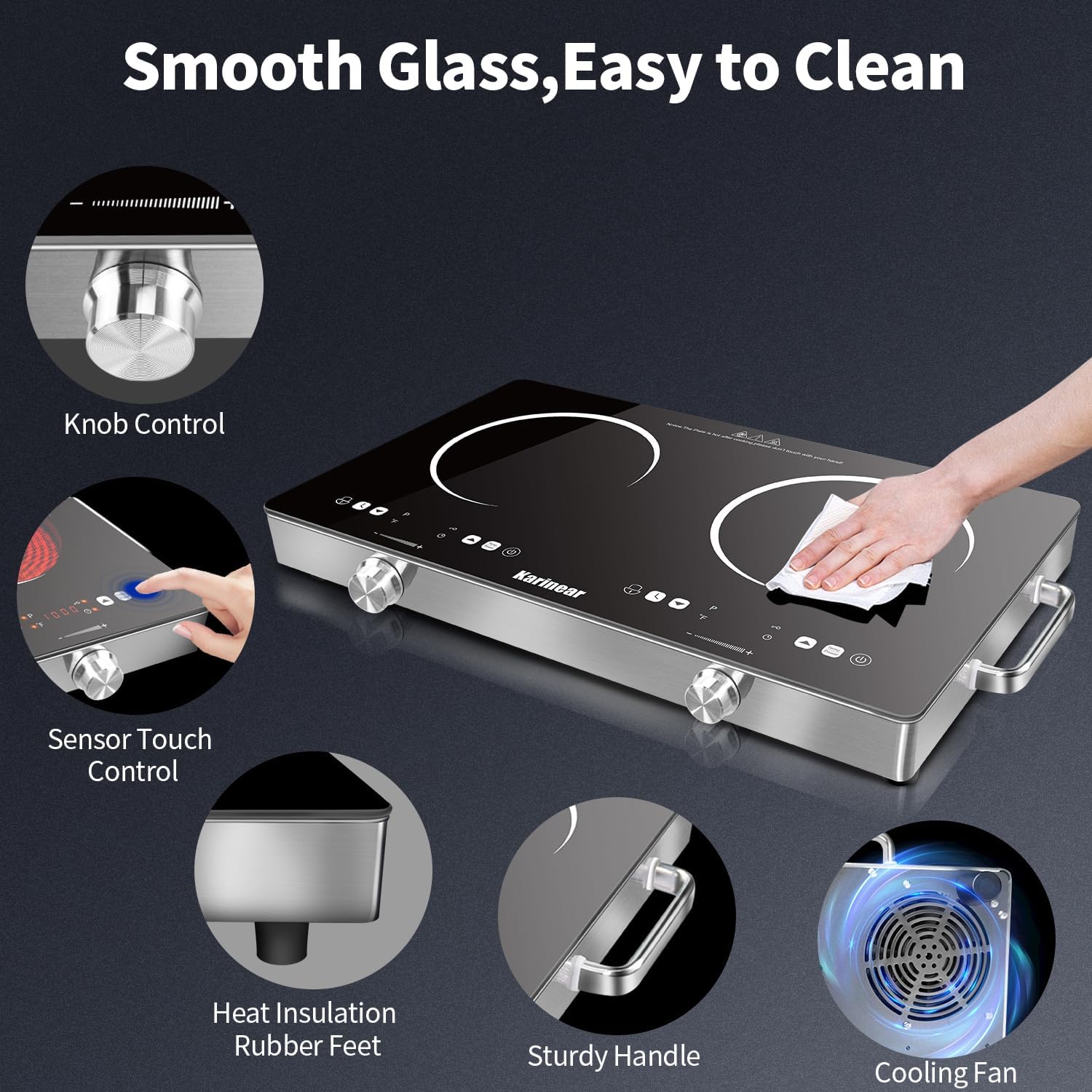 Detalle de Karineer 2 Burner Electric Cooktop 110V — Portable 24-Inch Ceramic Countertop Stove