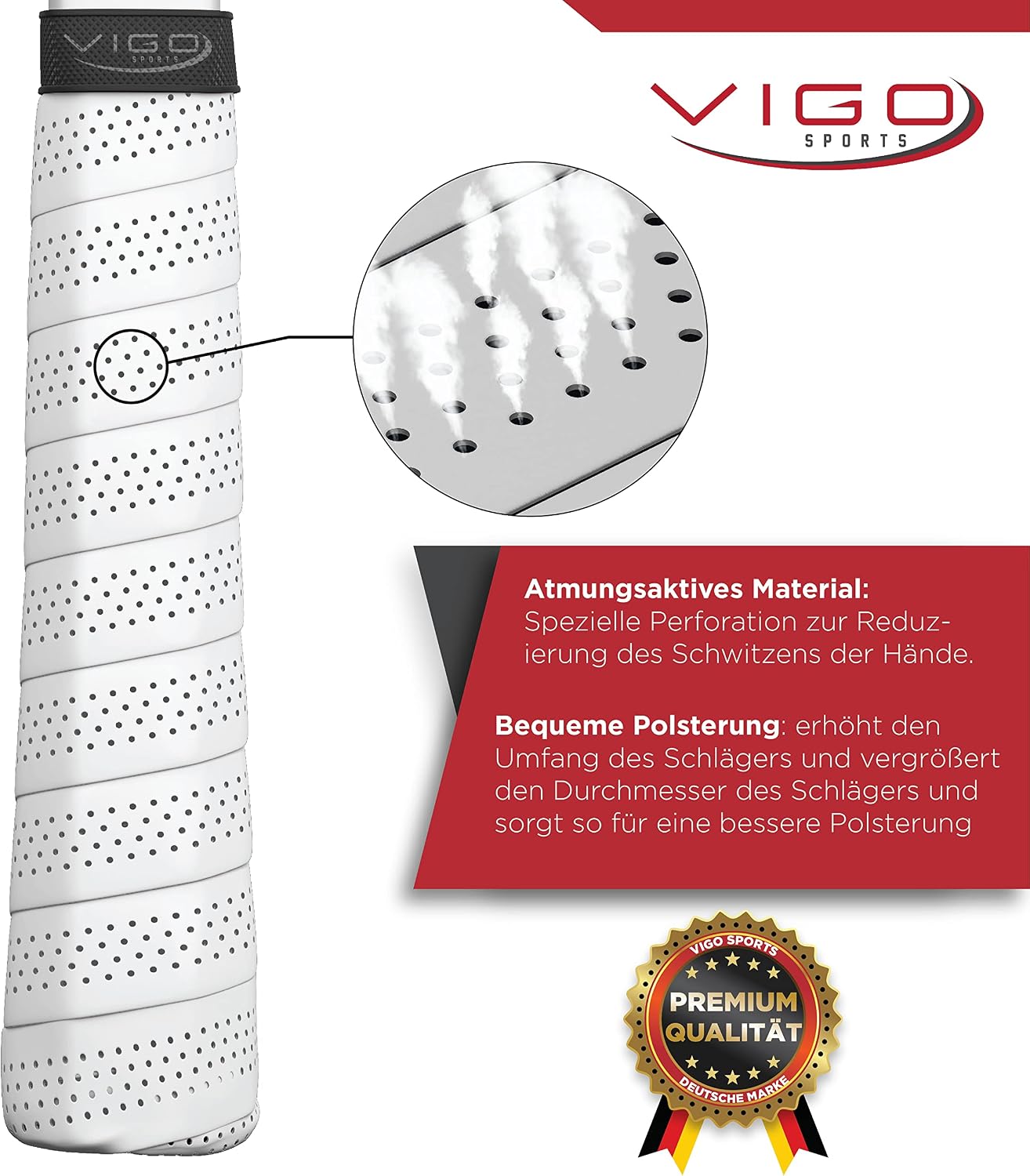 Detalle 2 de VIGO Sports selbstklebendes Tennis Griffband mit Anti-Schweiß Technologie – rutschfestes Griffband für Tennis- und Badminton-Schläger (3er-Set)