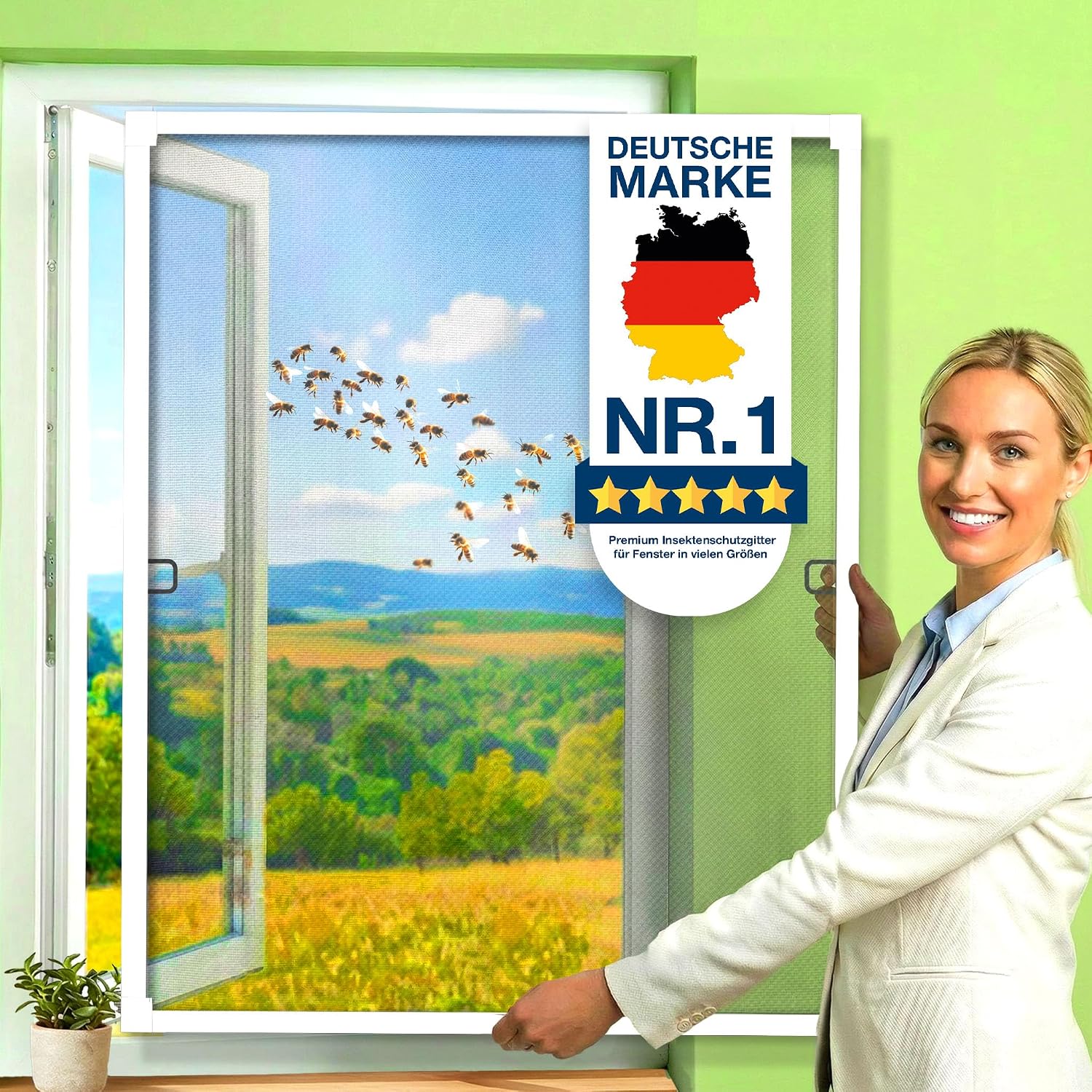 Detalle de KESSER® Fliegengitter Fenster 130x150 cm mit Aluminiumrahmen – Insektenschutz ohne Bohren (weiß)