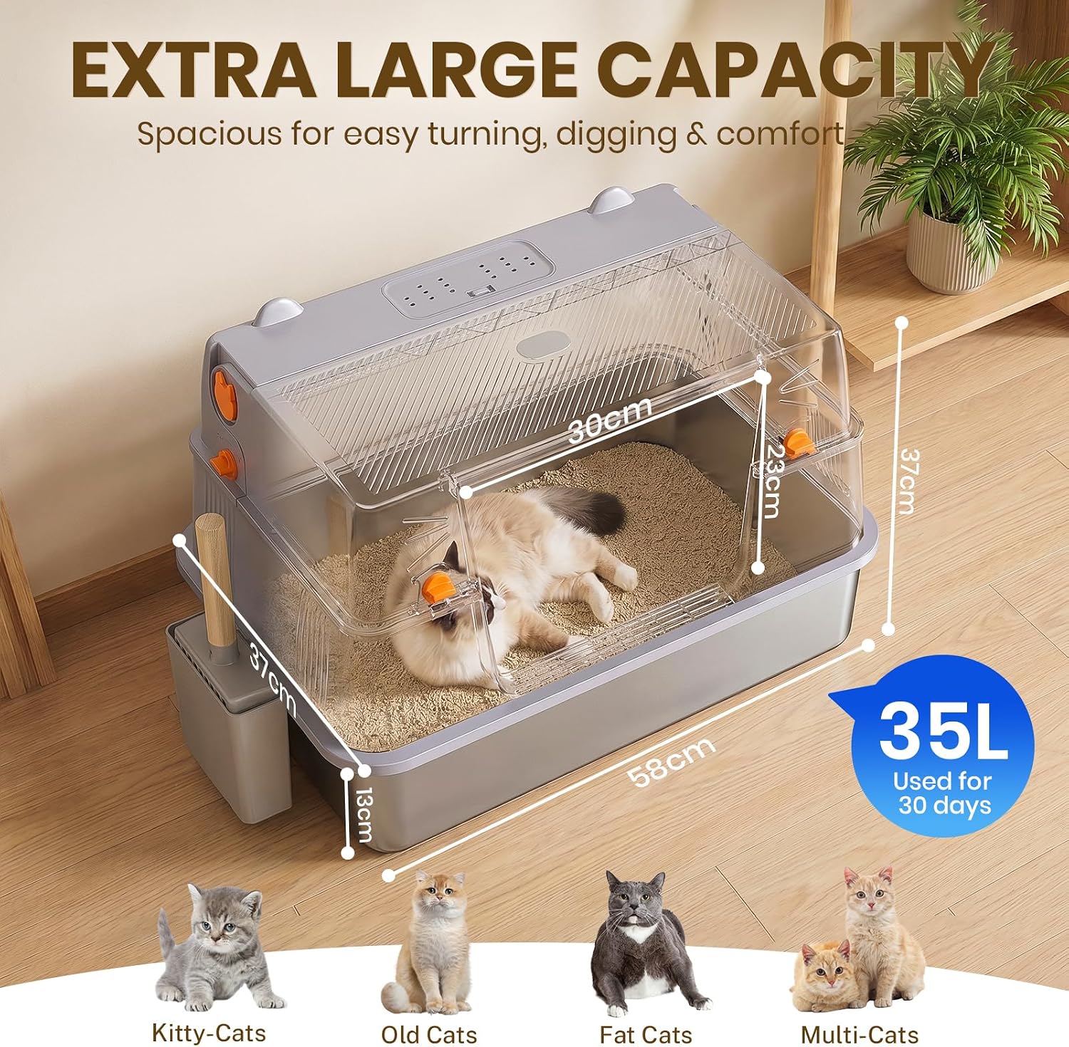 Detalle de PKBD XL Stainless Steel Cat Litter Tray: Large, Fully Enclosed 3-in-1 Litter Box