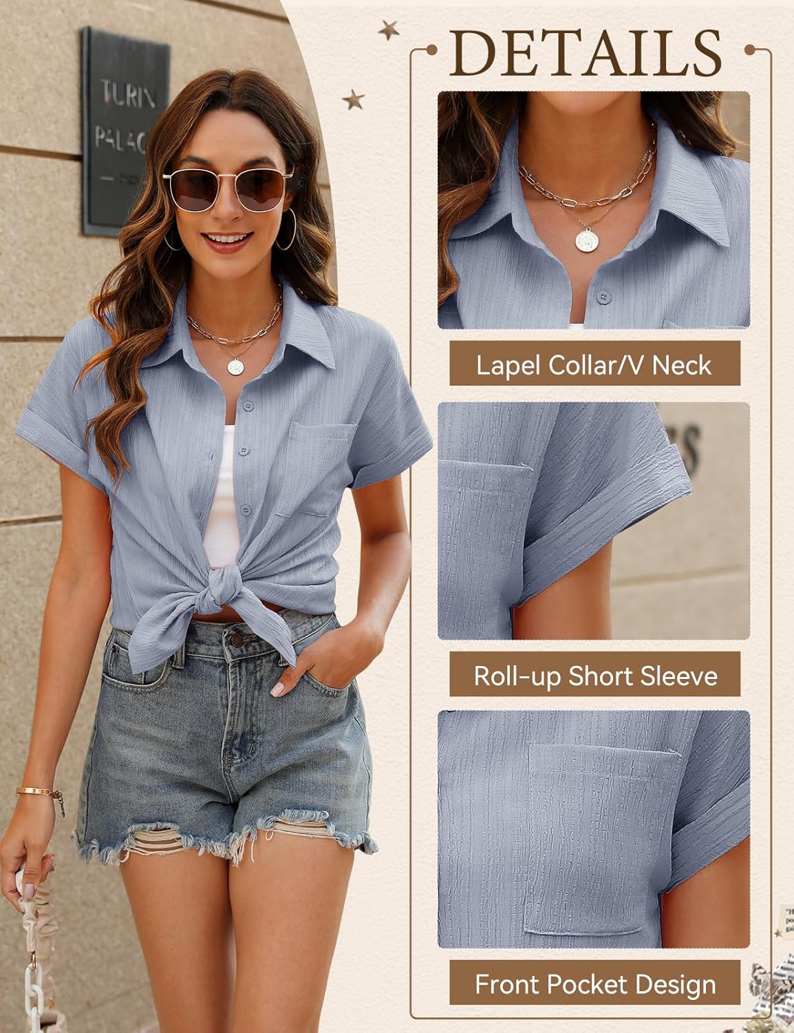 Thumbnail 2 de PASUDA Camicia Donna Estiva: eleganza leggera con scollo a V, manica corta e chiusura a bottoni