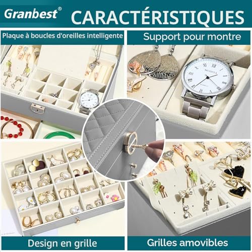 Detalle de Granbest Boîte à bijoux à 3 niveaux avec 2 tiroirs – Coffret cuir Gris