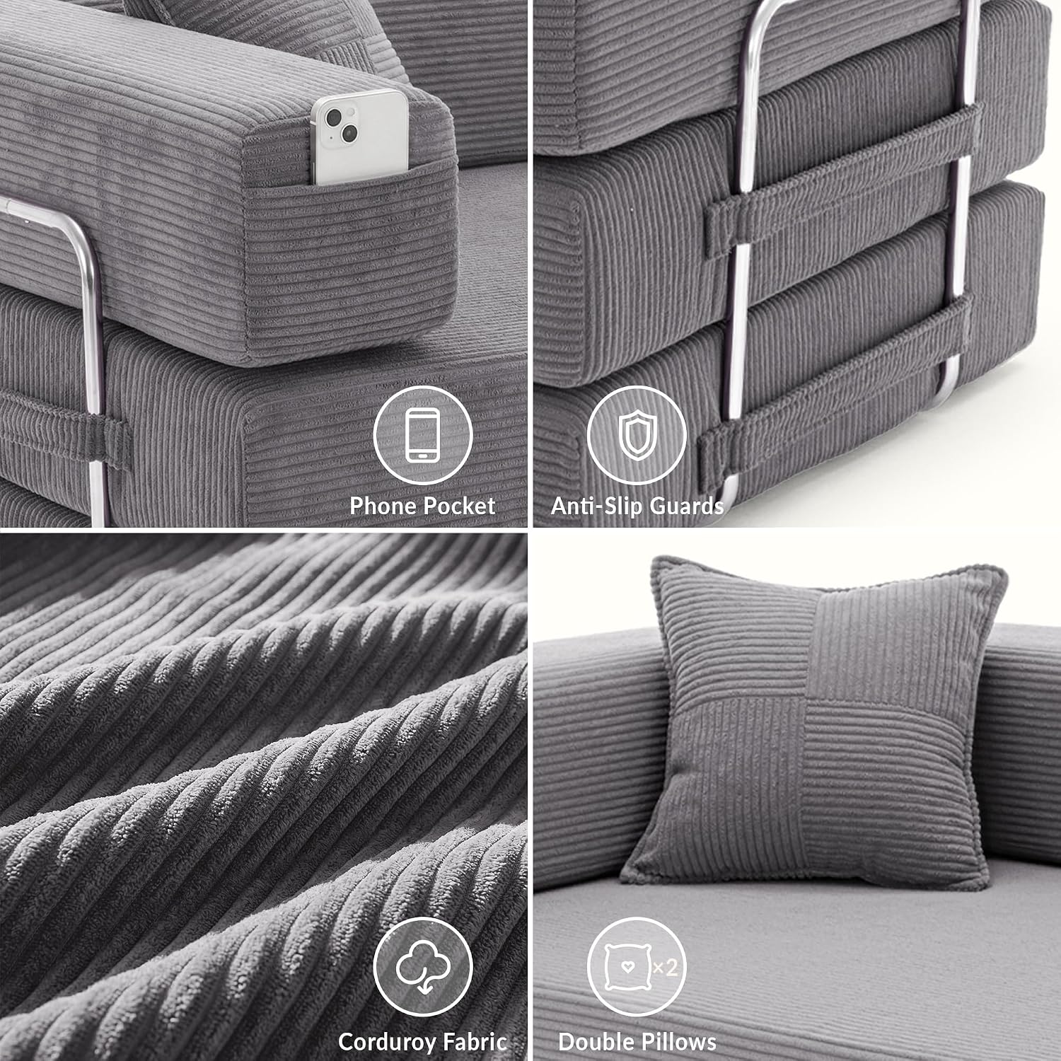 Detalle de YINIX SF01-EU opvouwbare slaapbank, 200 cm, corduroy en metalen frame