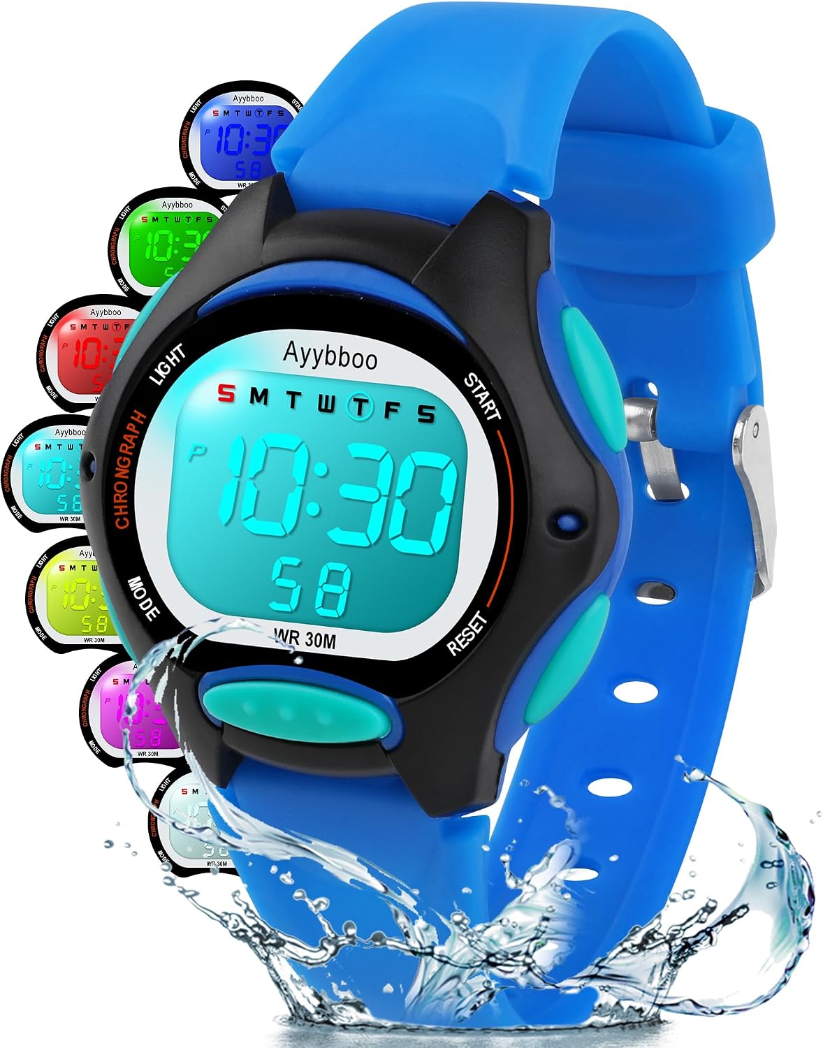 Thumbnail 6 de Ayybboo Montre Enfant Numérique – LED 7 couleurs, étanche 30m, alarm et chronomètre, cadeau idéal