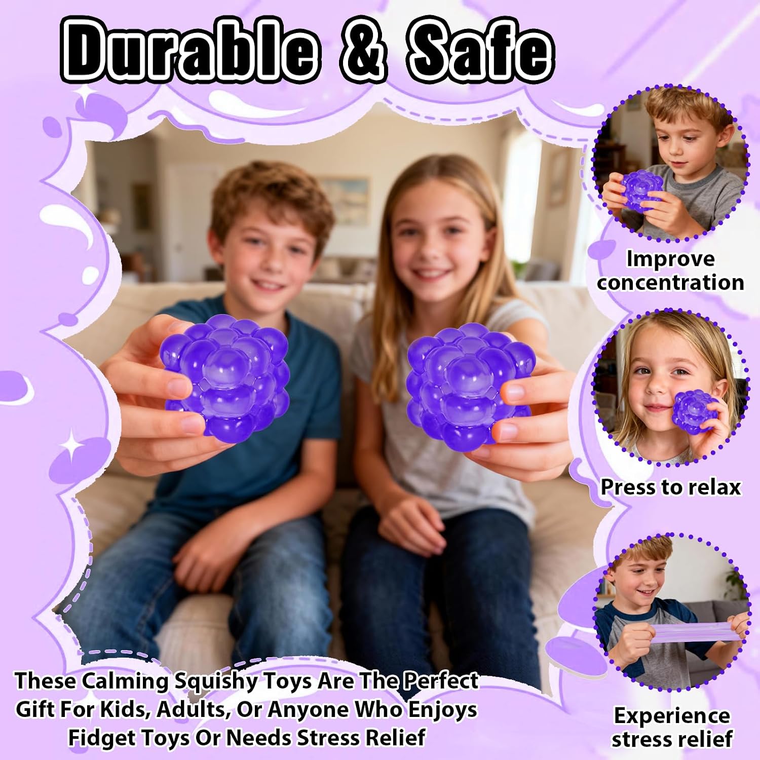 Detalle de Puffwize Cube Squishy-Puffwize-1.96-Purple Fidget Toy, Purple TPR Cube