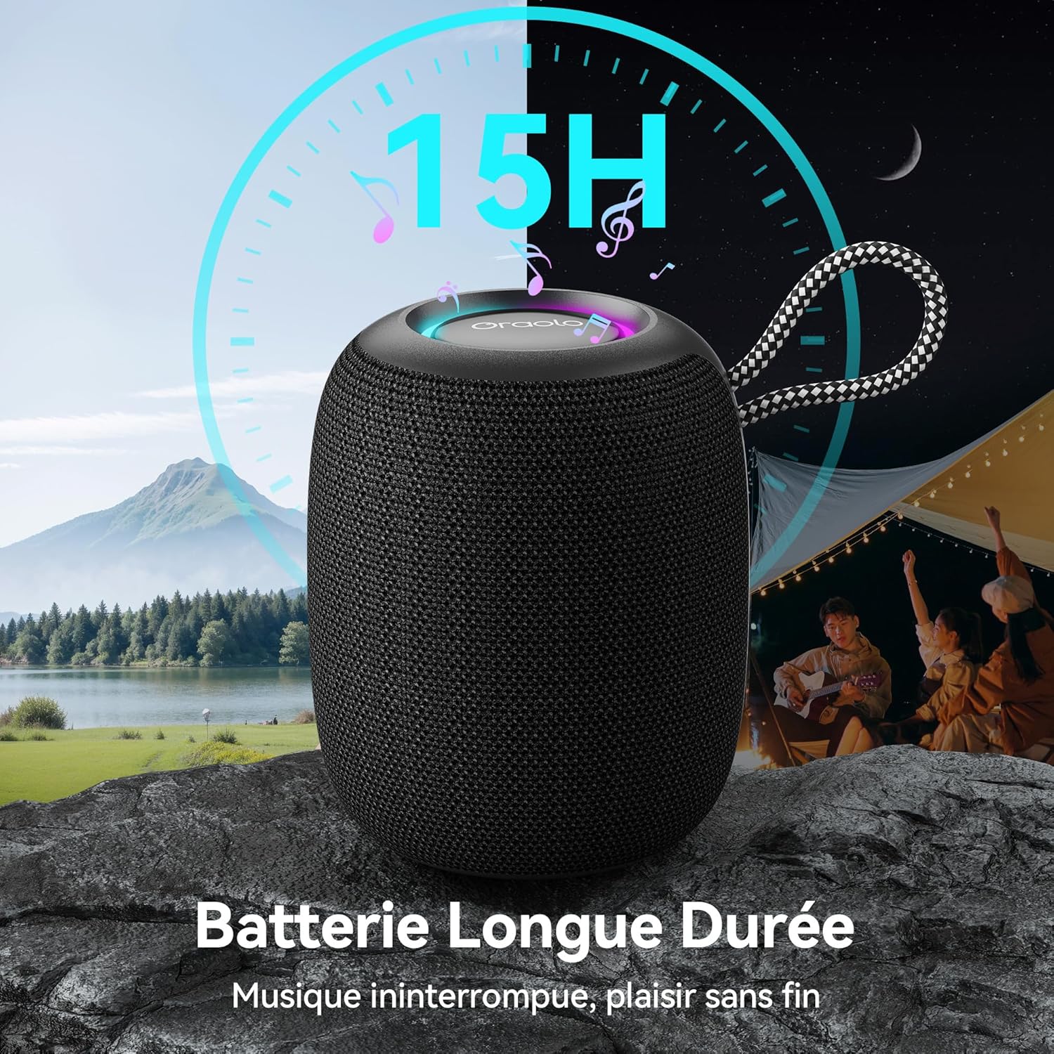 Detalle de oraolo Mini Enceinte Bluetooth Portable – 24W, IPX7, Bluetooth 5.3, lumière RGB et appairage TWS