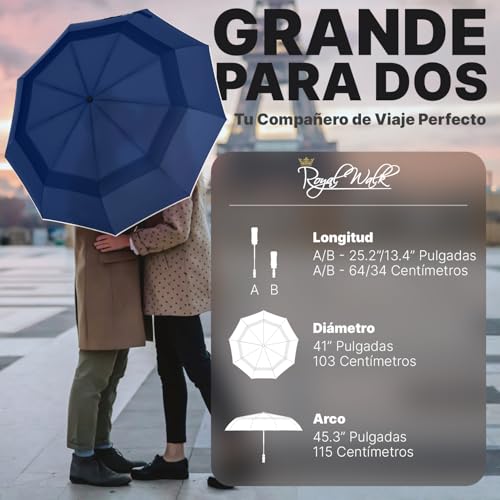 Thumbnail 1 de Royal Walk Paraguas de viaje plegable resistente al viento con mango de madera auténtica