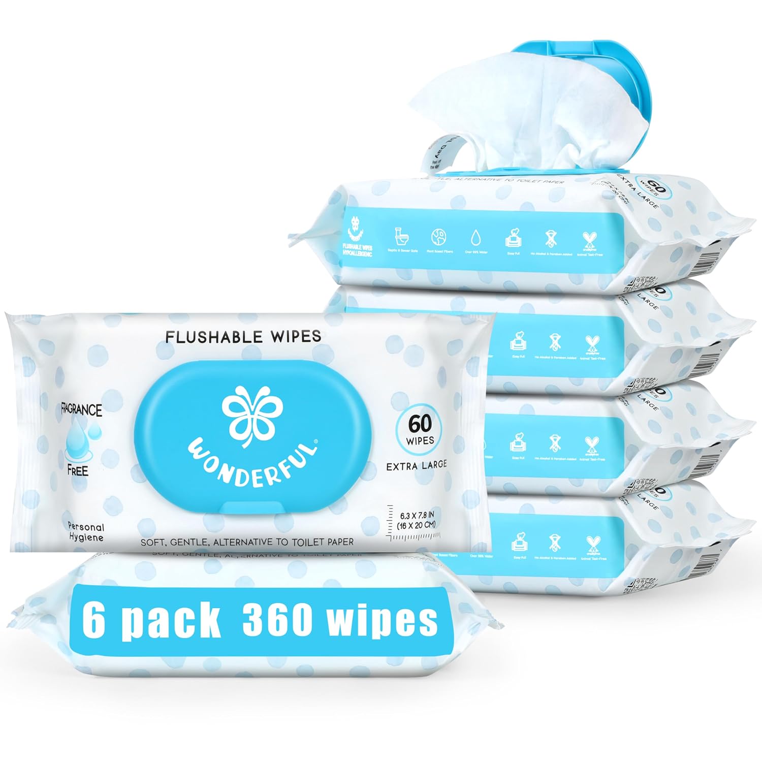Detalle de Wonderful Flushable Wipes Unscented 360-Count (6-Pack): Plant-Based, Sewer & Septic Safe