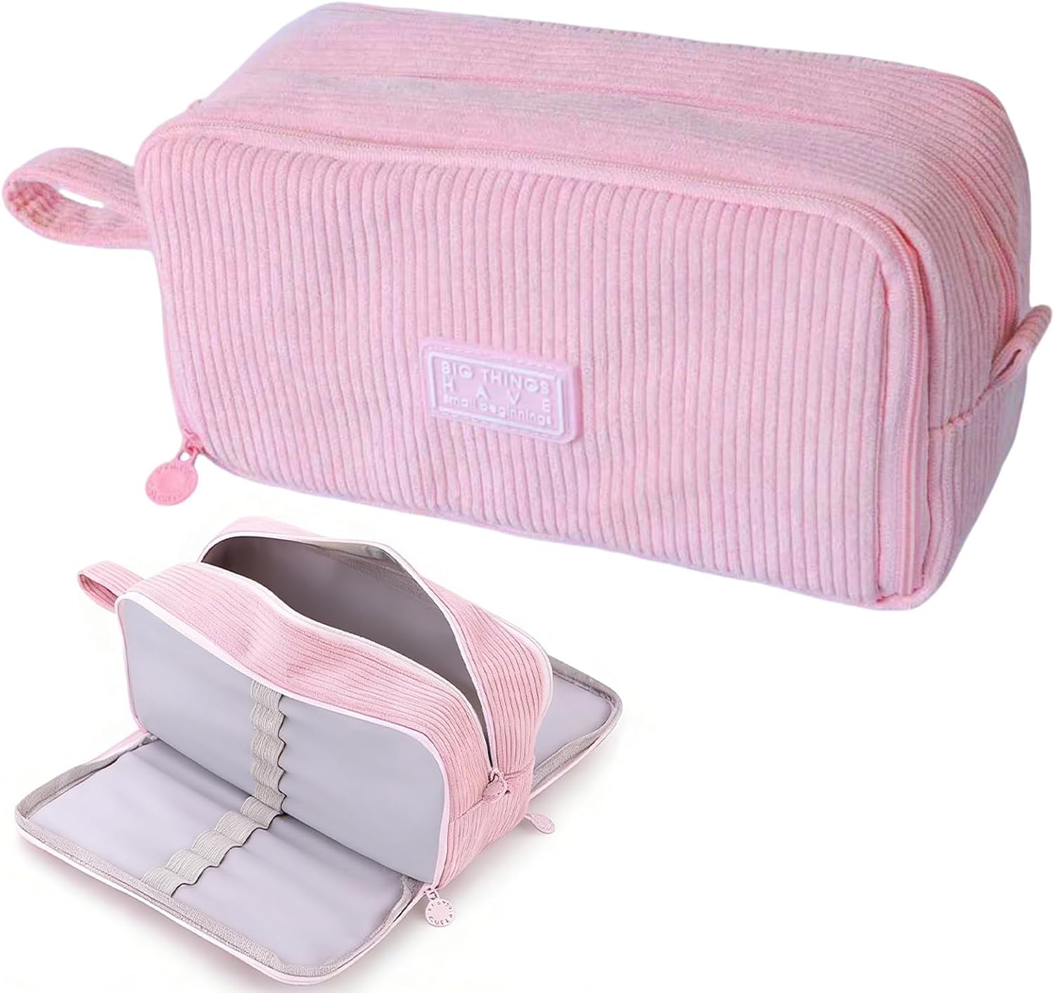 Touosy Federmäppchen aus Cord-Stoff – Großes Cord-Mäppchen mit 3 Fächern, Unisex, rosa