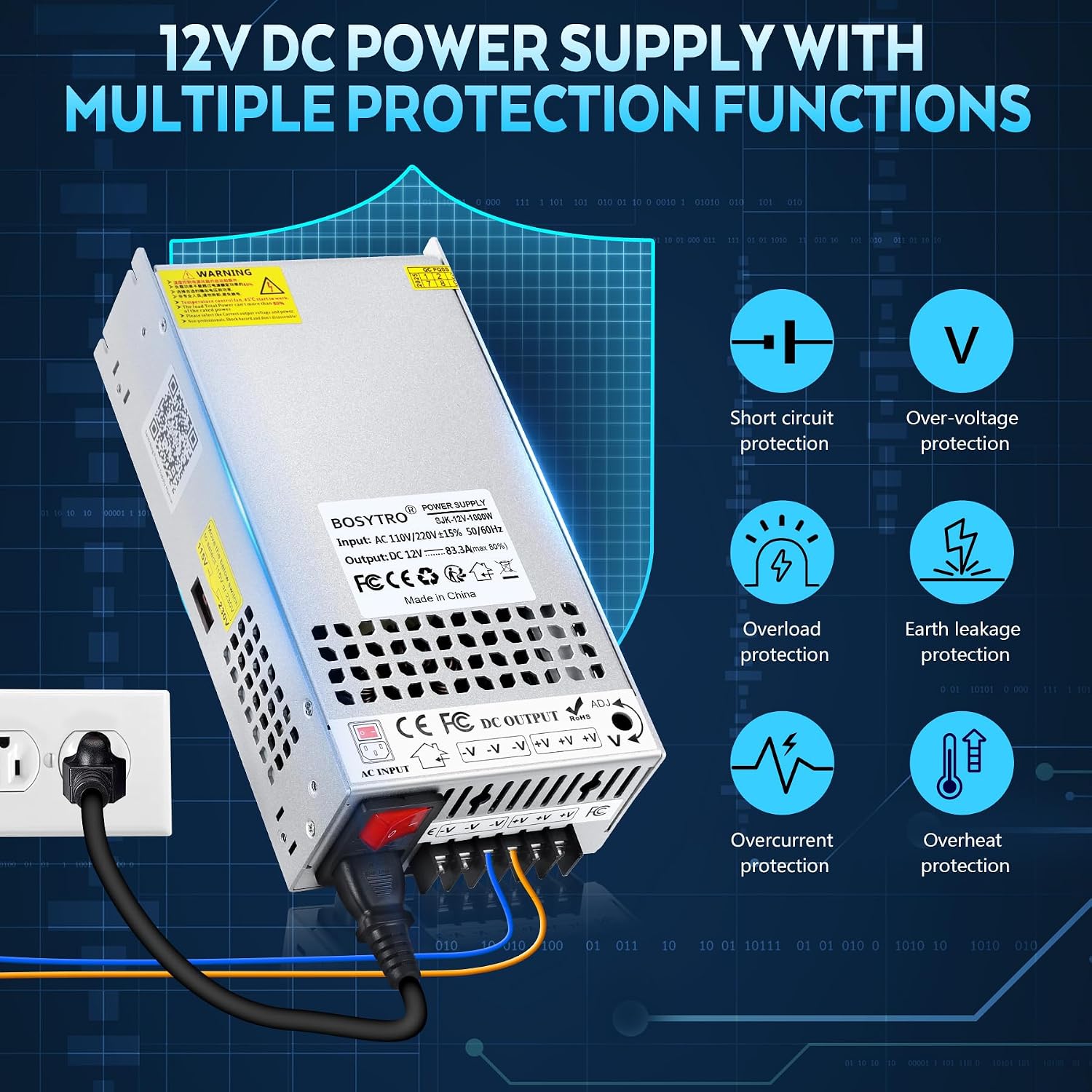 Thumbnail 4 de BOSYTRO Trasformatore 220V 12V 1000W con 3 uscite, interruttore di sicurezza e cavo