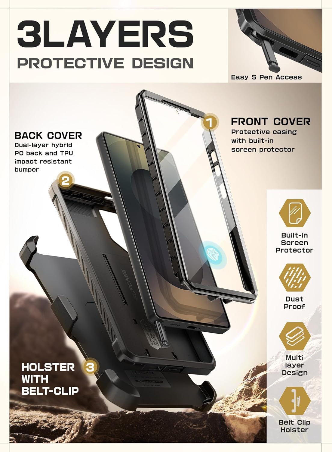 Thumbnail 4 de SUPCASE for Samsung Galaxy S25 Ultra Case with Stand (Unicorn Beetle Pro) — built-in screen protector, kickstand & rotating belt-clip, Black