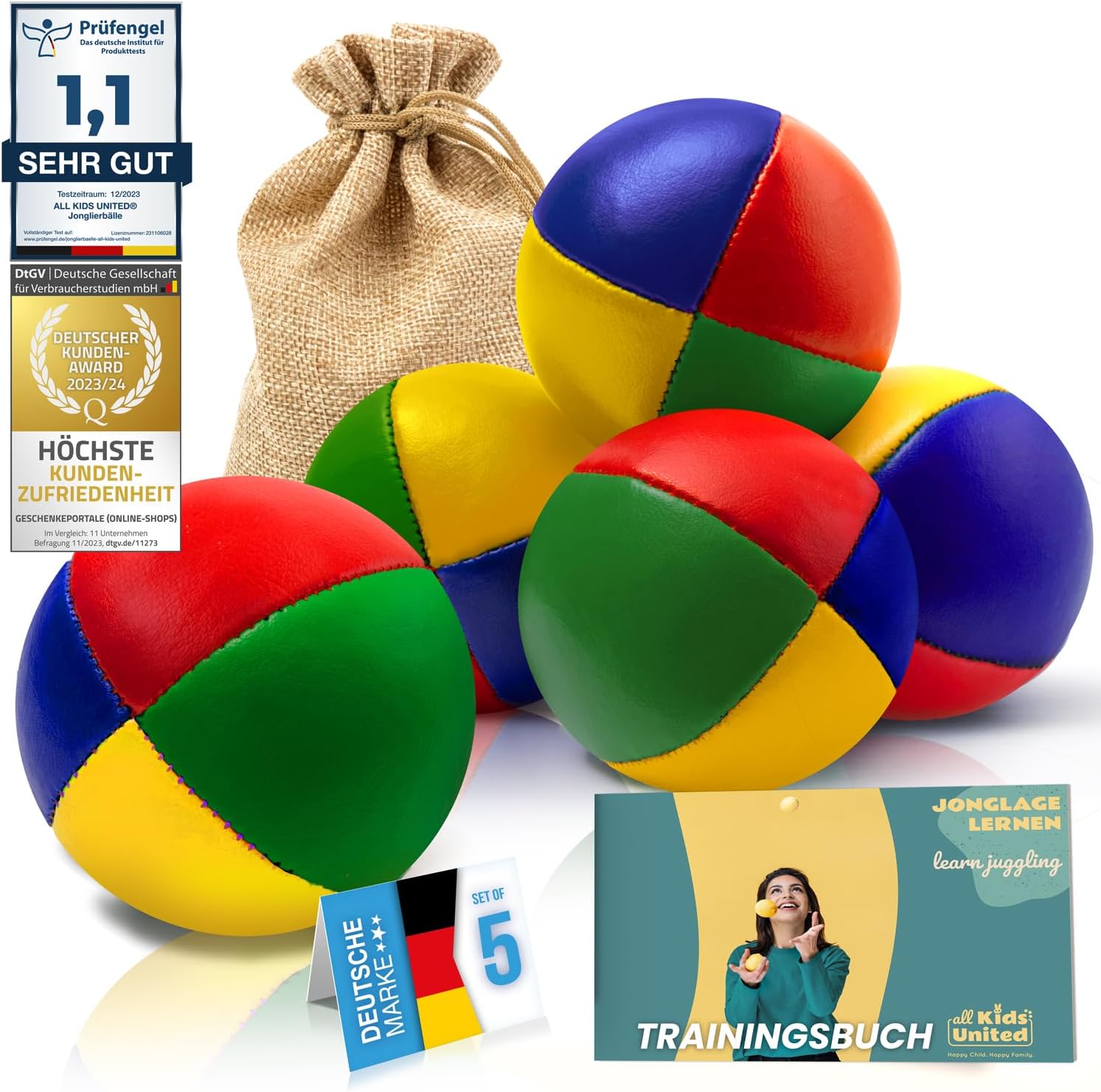 Detalle de all Kids United® Jonglierbälle im 5er Set (im Jute-Beutel) – weiche Bälle fürs Jonglieren lernen