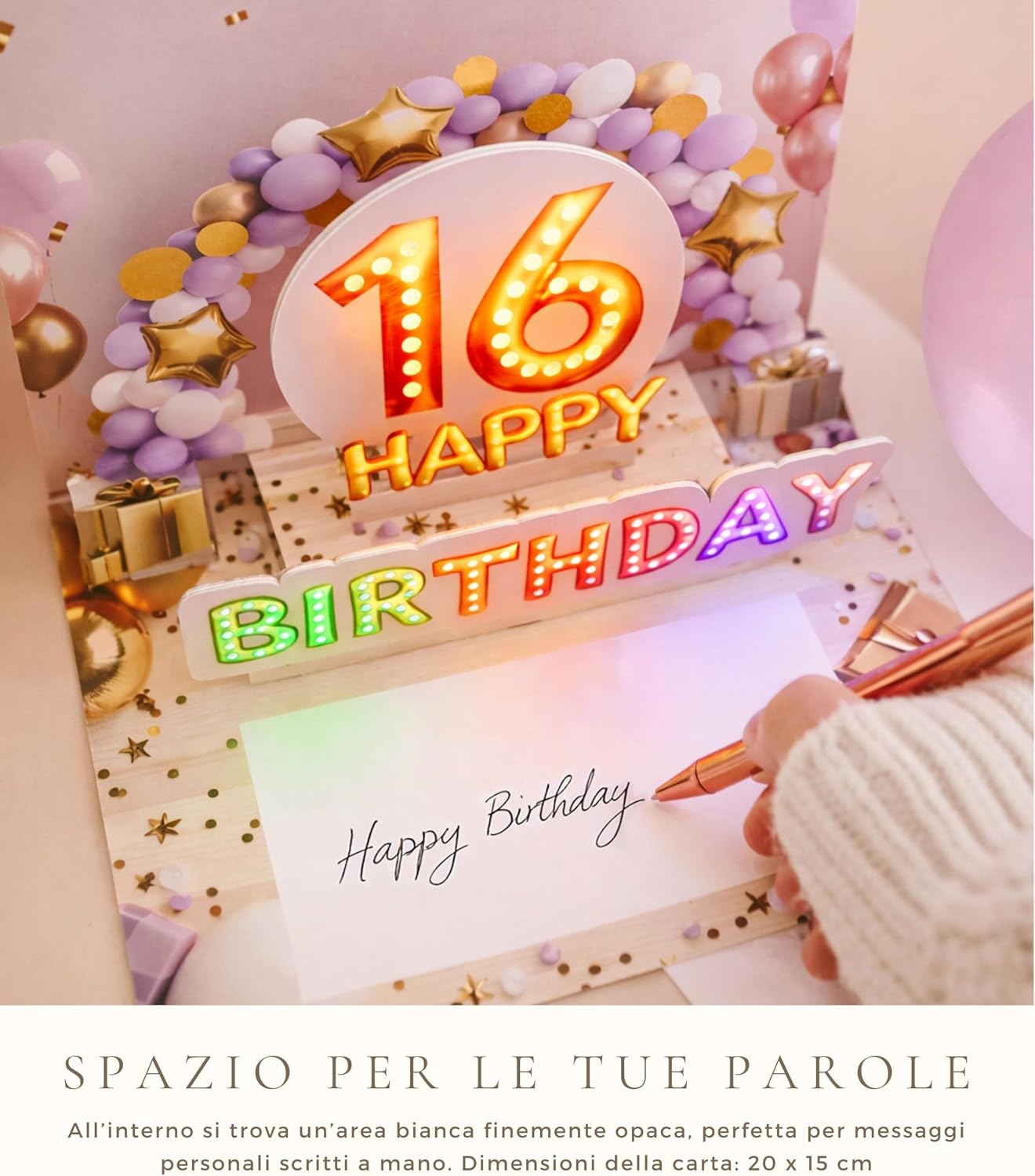 Detalle de Joli Coon Biglietto Auguri 16 Anni Ragazza – biglietto 3D pop up con musica e luce, busta e sigillo