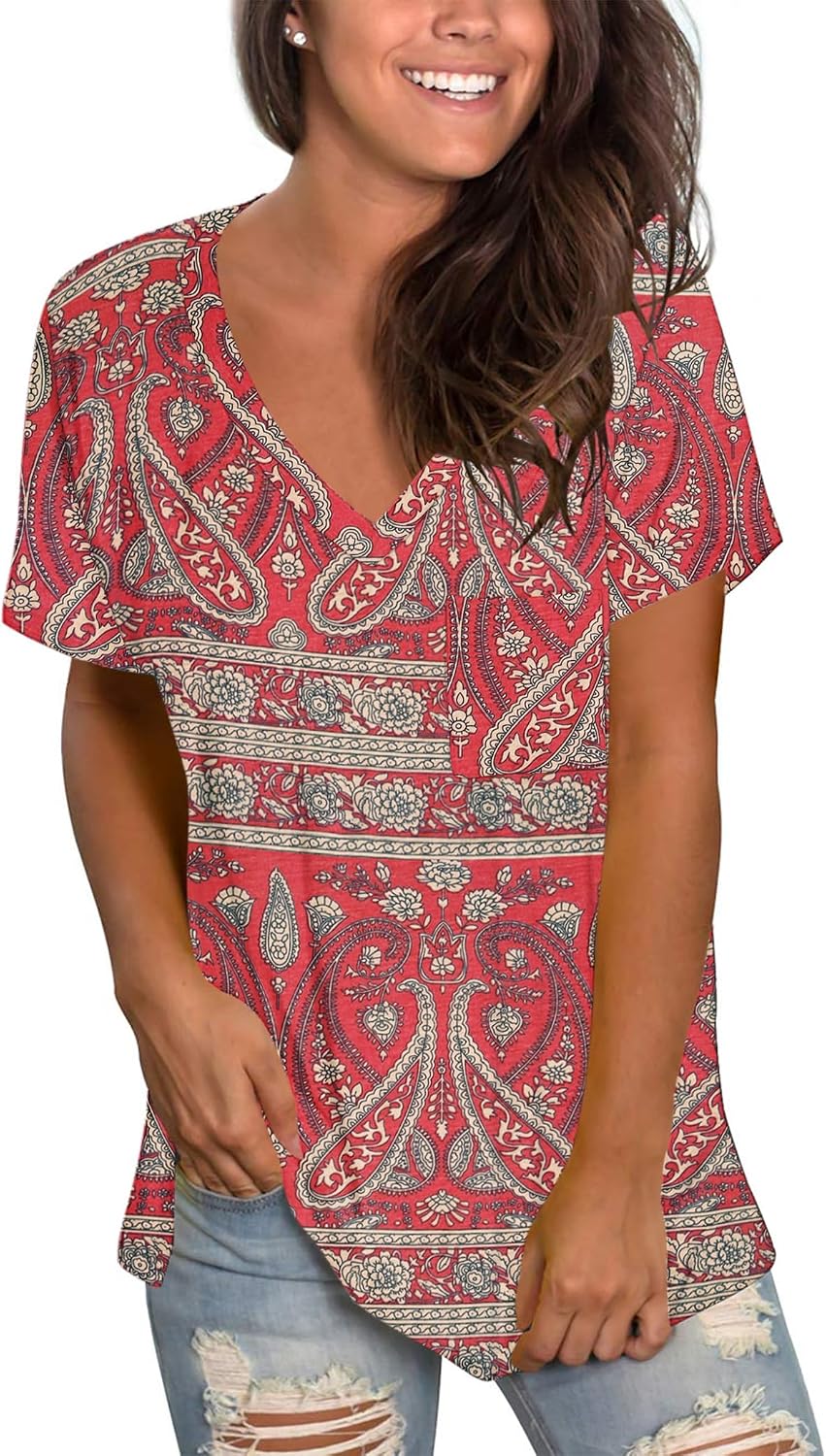 Detalle de MOLERANI Womens Short Sleeve V-Neck Loose Summer Tee with Pocket