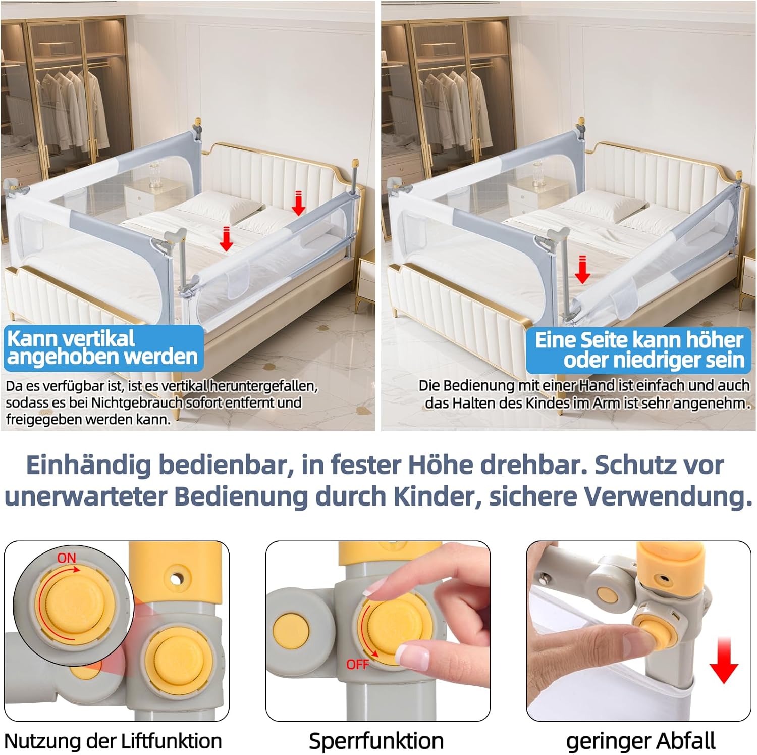 Detalle de OUUTMEE Bettschutzgitter 200 cm – Rausfallschutz für Kinder, klappbar, Höhenverstellbar, Grau-Weißes Blockmuster
