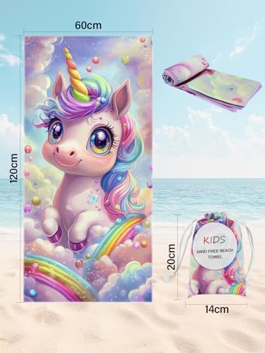 Detalle de Rowjoy Einhorn Kinder Strandtuch 60 × 120 cm – Mikrofaser, sandfest, schnell trocknend, pink