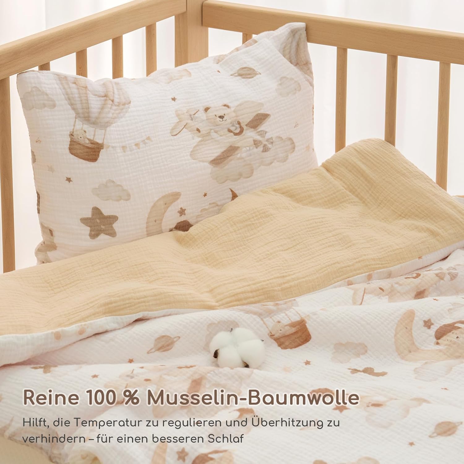 Detalle 2 de Yukkidds Musselin Kinderbettwäsche 100x135 – Bettbezug 100x135 cm + Kissenbezug 40x60 cm aus 100% Baumwolle (Brauner Ballon)