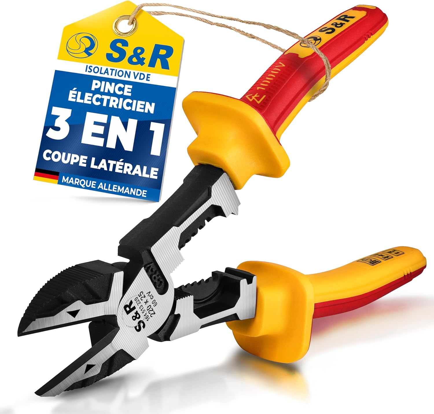 Detalle de S&R Pince d'Électricien Isolée VDE 1000V - Pince Coupante Diagonale Multifonction 220 mm