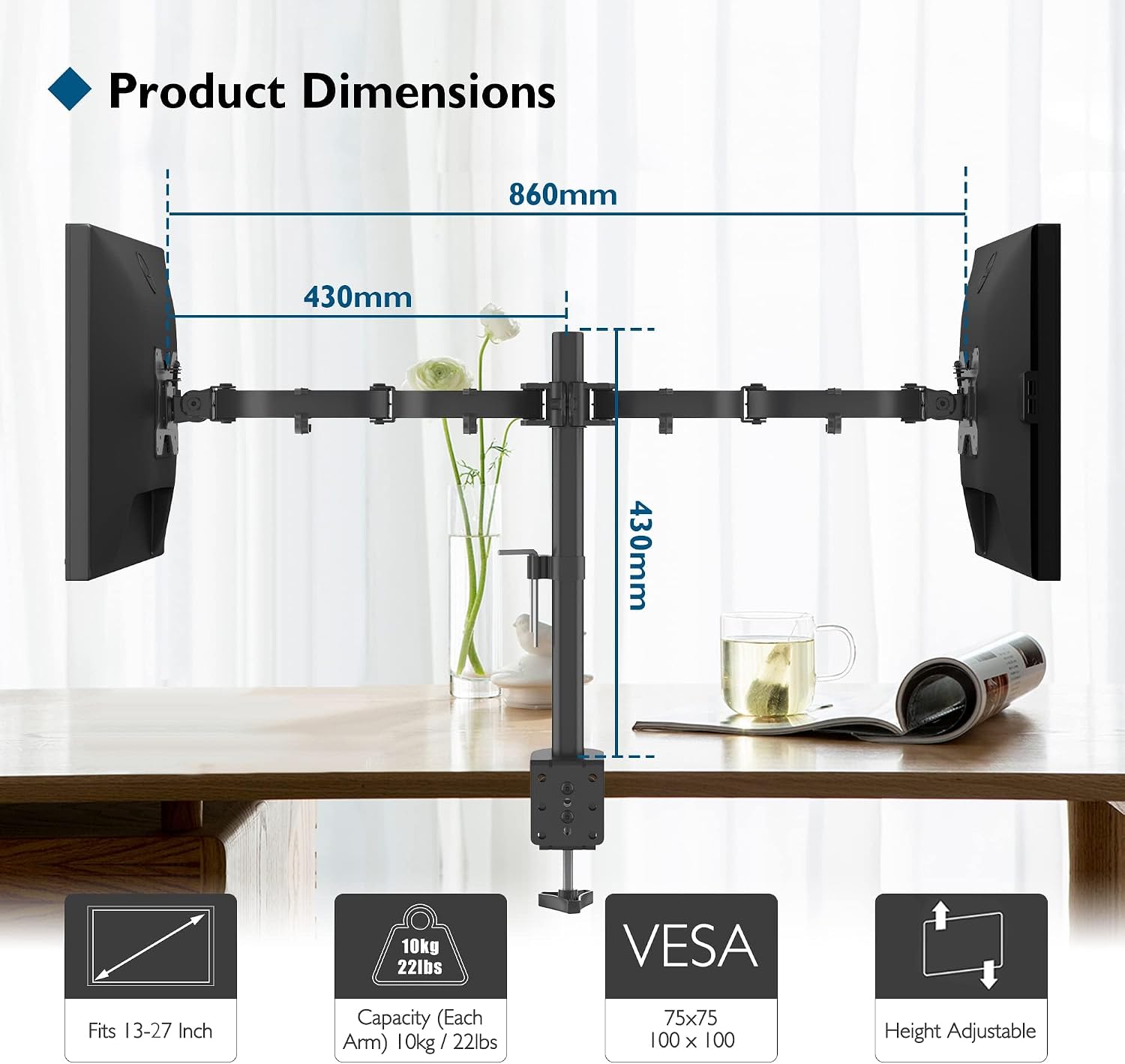 Thumbnail 5 de BONTEC dubbele monitorarm voor 13-27 inch, verstelbaar en met VESA 75/100 mm
