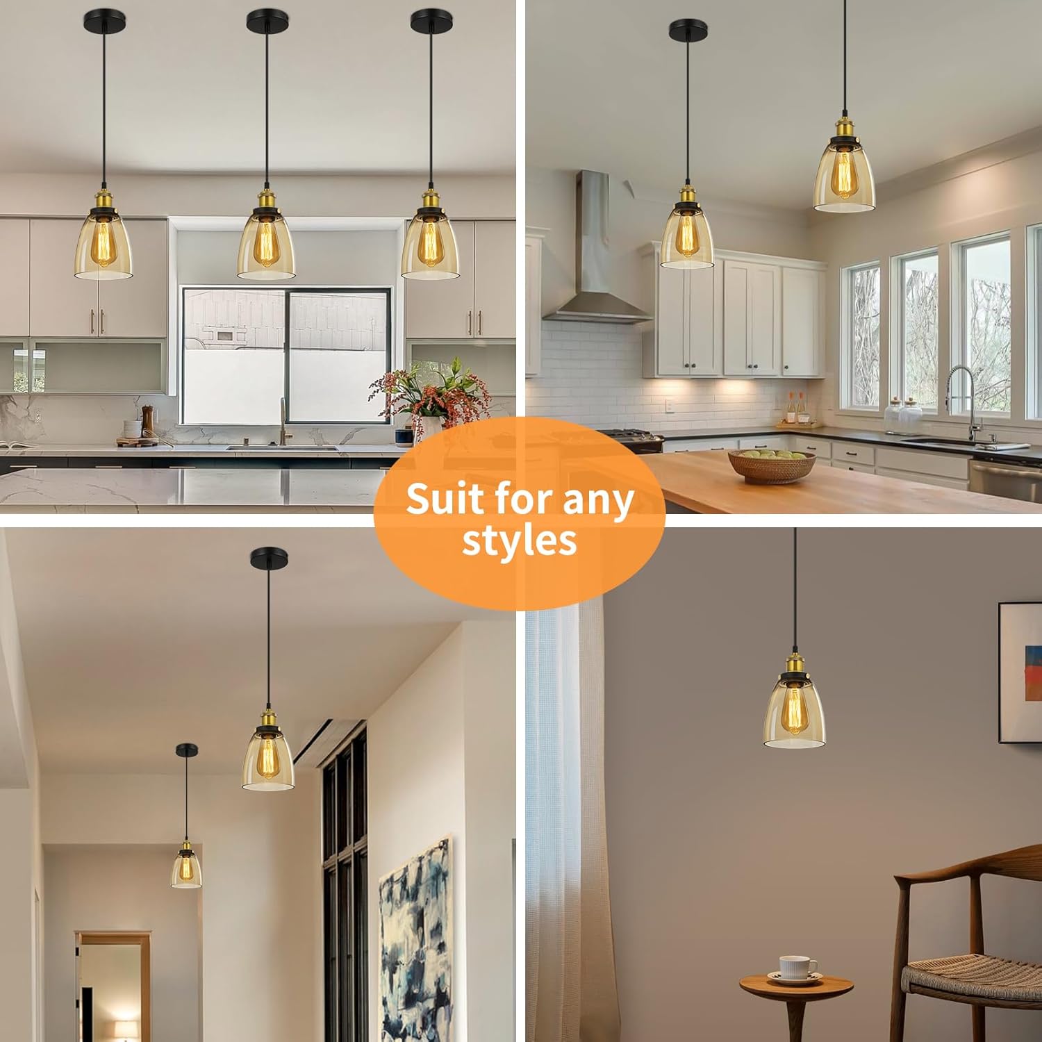 Thumbnail 5 de FORCOSO 3Pcs Vintage Glass Pendant Lights – Industrial Cognac Glass Ceiling Lamps with Adjustable Height