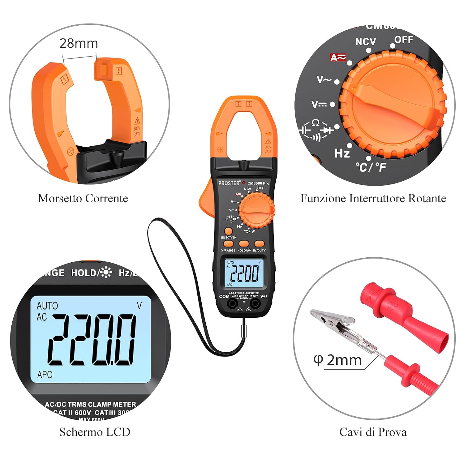 Detalle 2 de Proster Pinza amperometrica auto-ranging TRMS con NCV e test di continuità (arancione)