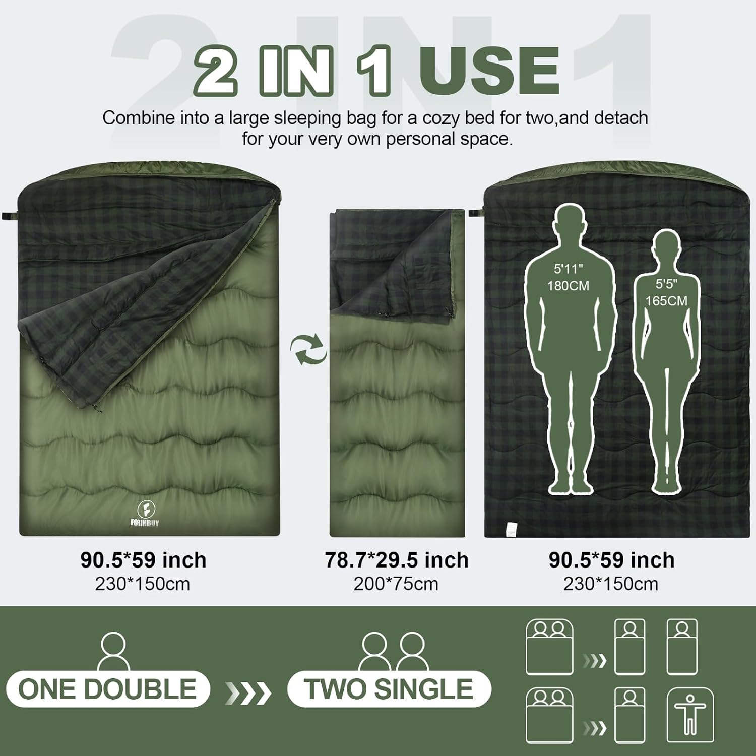 Thumbnail 3 de Forinbuy FB-2509-GSD dubbele slaapzak, 230 x 150 cm met katoenen flanel