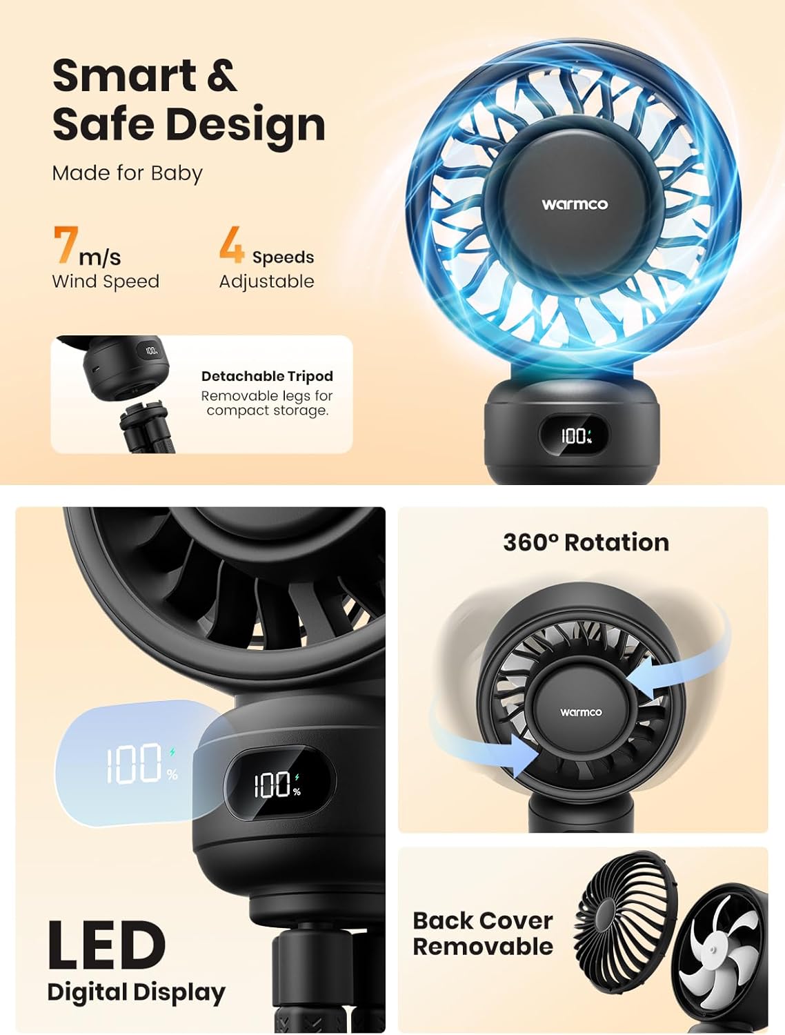 Thumbnail 4 de Warmco Portable Pram Fan: 4000mAh Rechargeable Clip-On Fan for Strollers and Travel