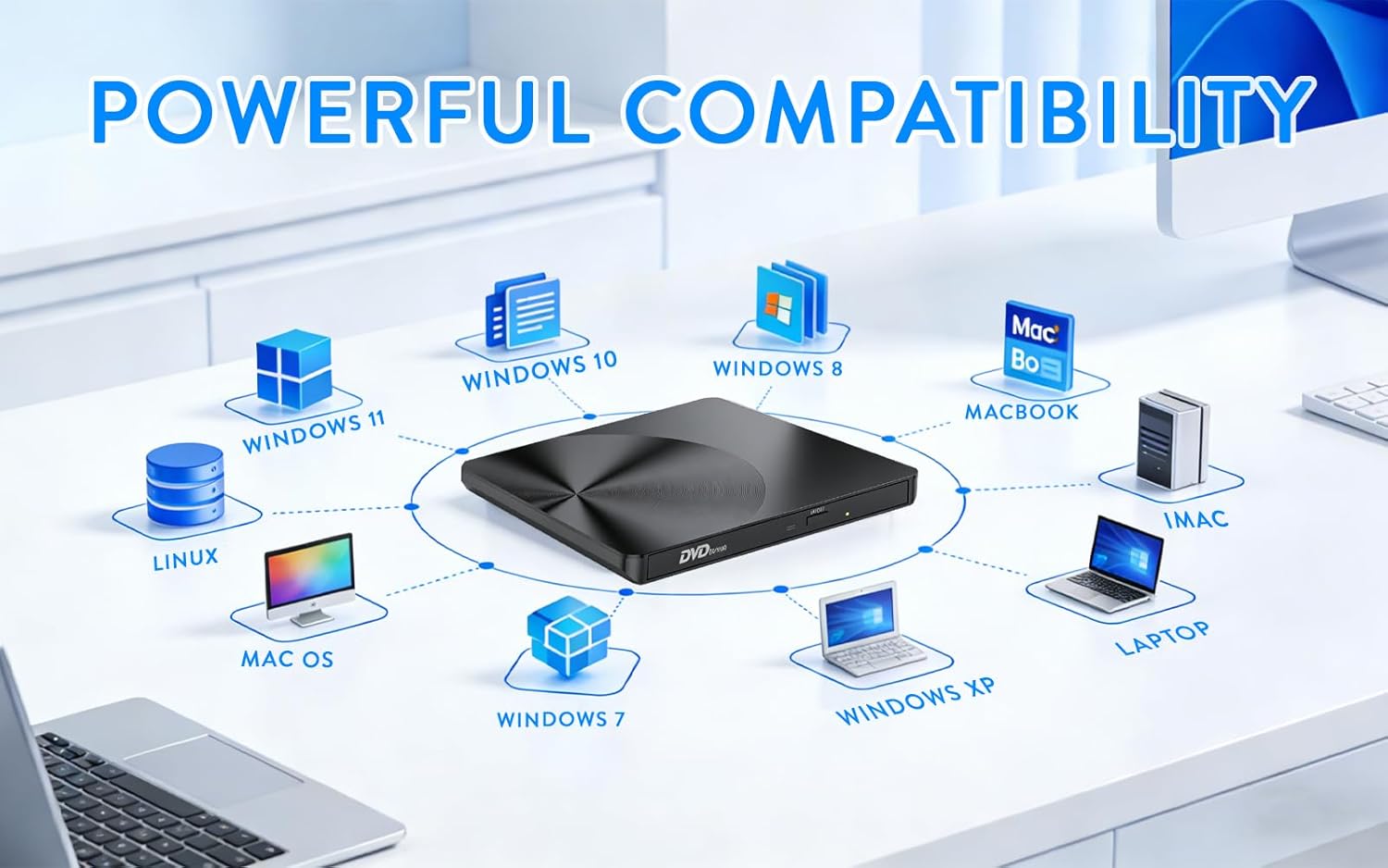 Detalle de TEMZICK External CD Drive: USB 3.0 Portable CD/DVD +/-RW Drive for Laptops, Desktops and Mac