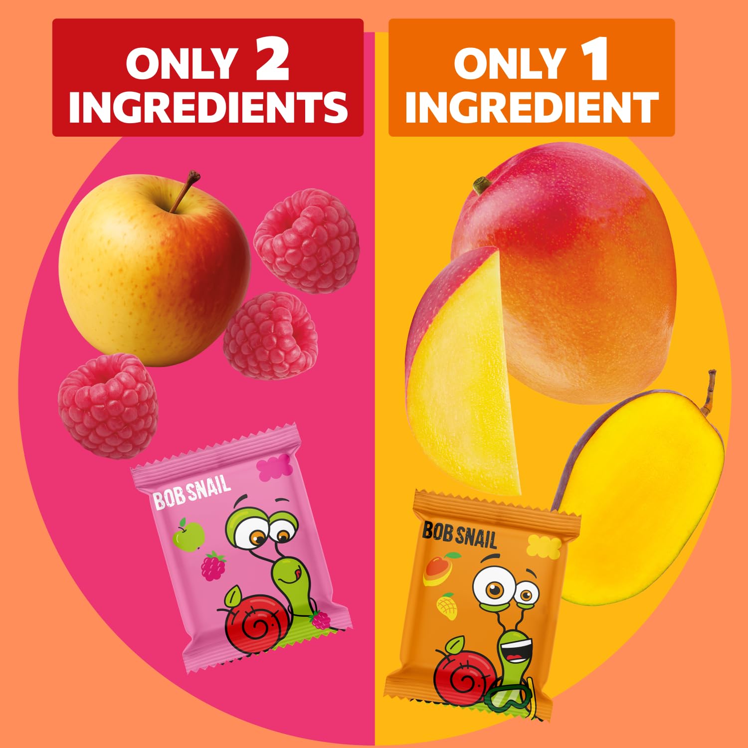 Detalle de Bob Snail Fruit Roll Ups, 20-Pack Mango and Raspberry Snacks, 7 oz