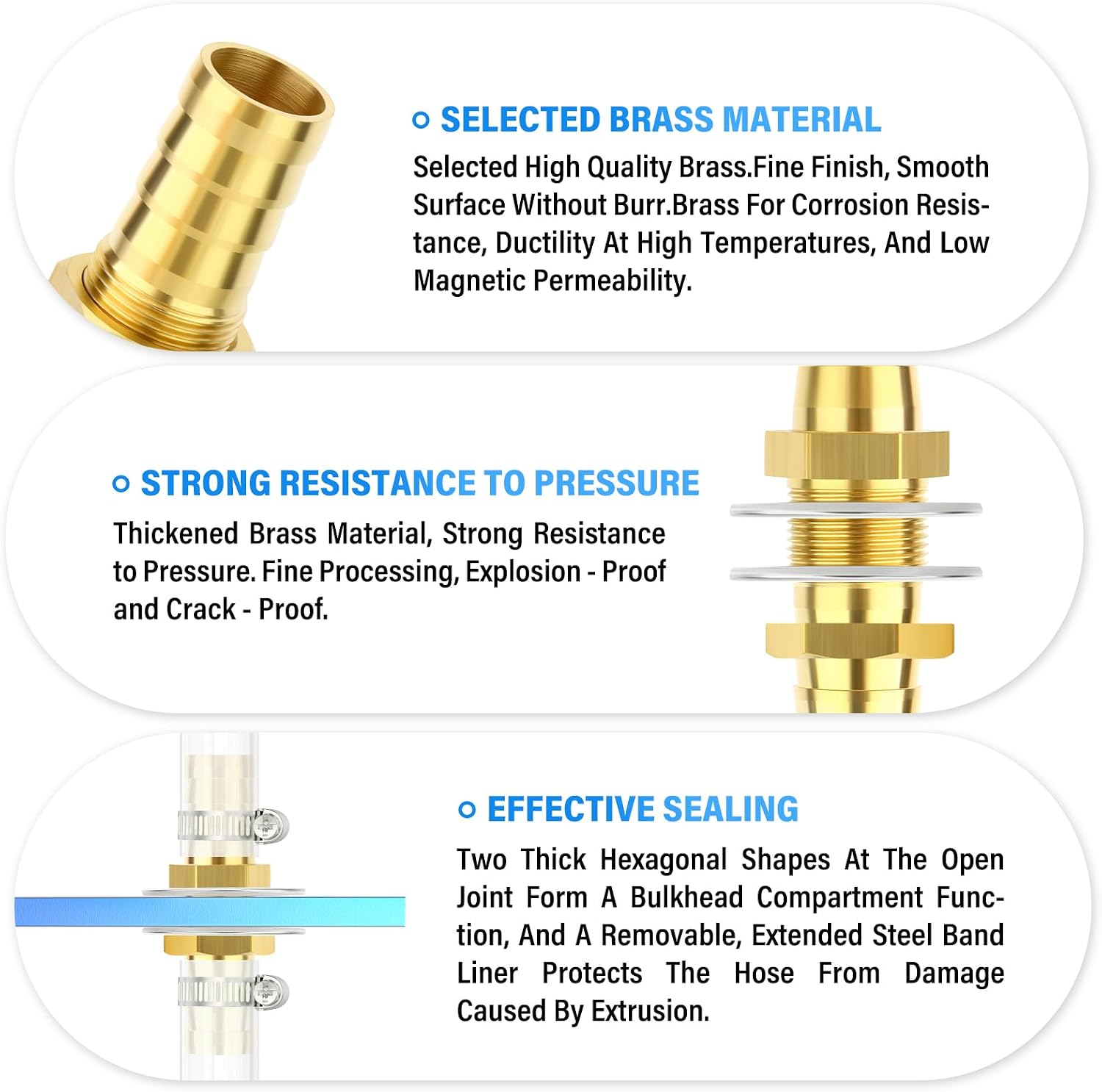 Detalle de TAILONZ PNEUMATIC Brass 6mm Through-Bulk Bulkhead Hose Fitting – 5pc with 10 Clamps