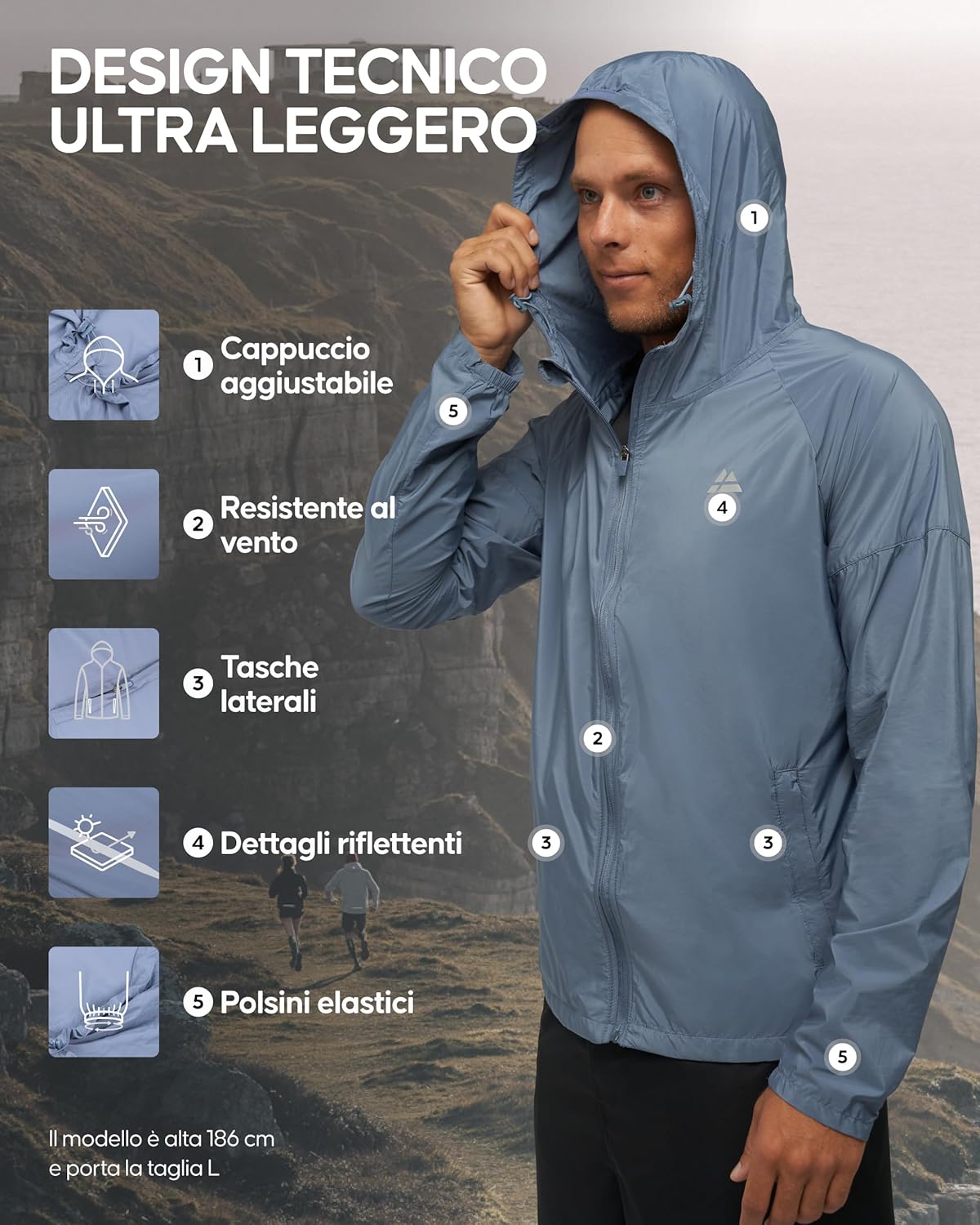 Detalle 2 de DANISH ENDURANCE Giacca a Vento Uomo – Leggera, Traspirante e Antivento per Running, Trekking e Ciclismo