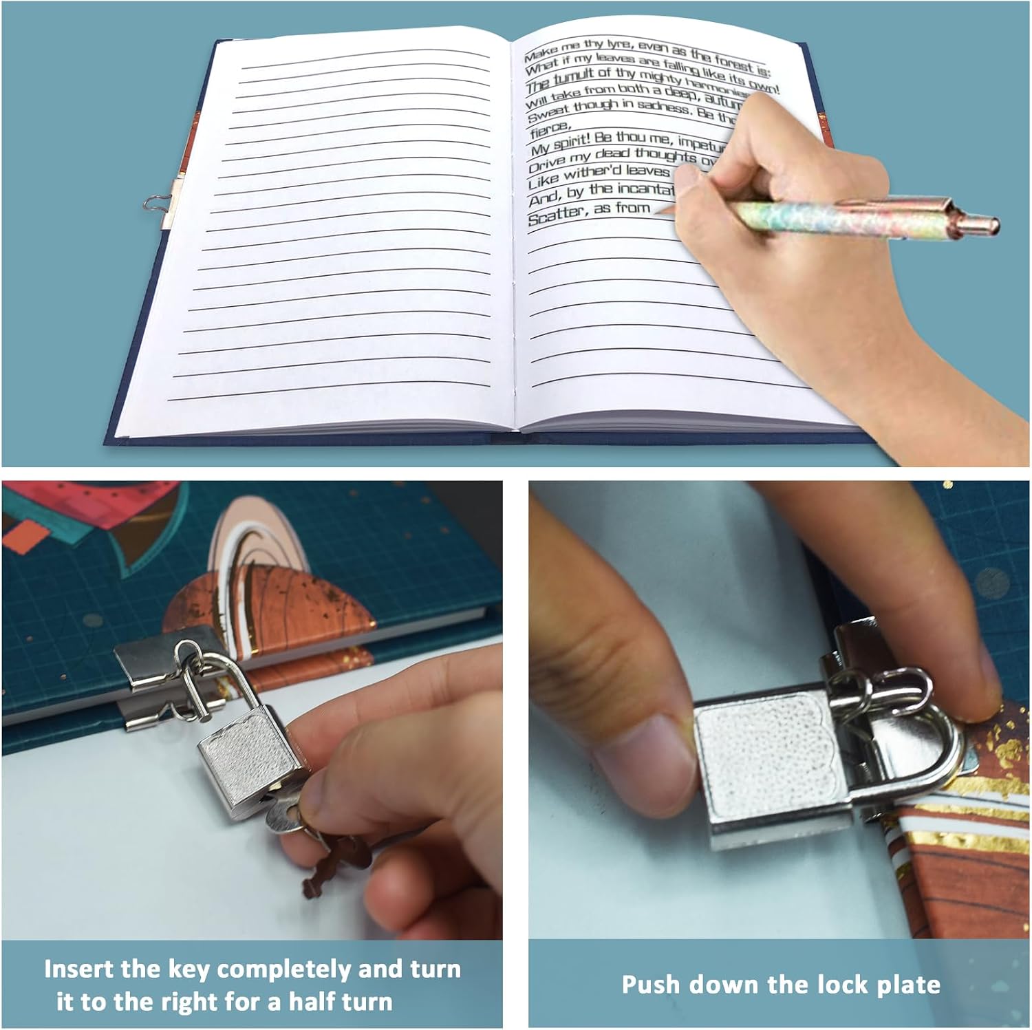 Detalle 2 de GINMLYDA Spacecraft Diary with Lock, Shakable Sequin Cover, 160 Pages