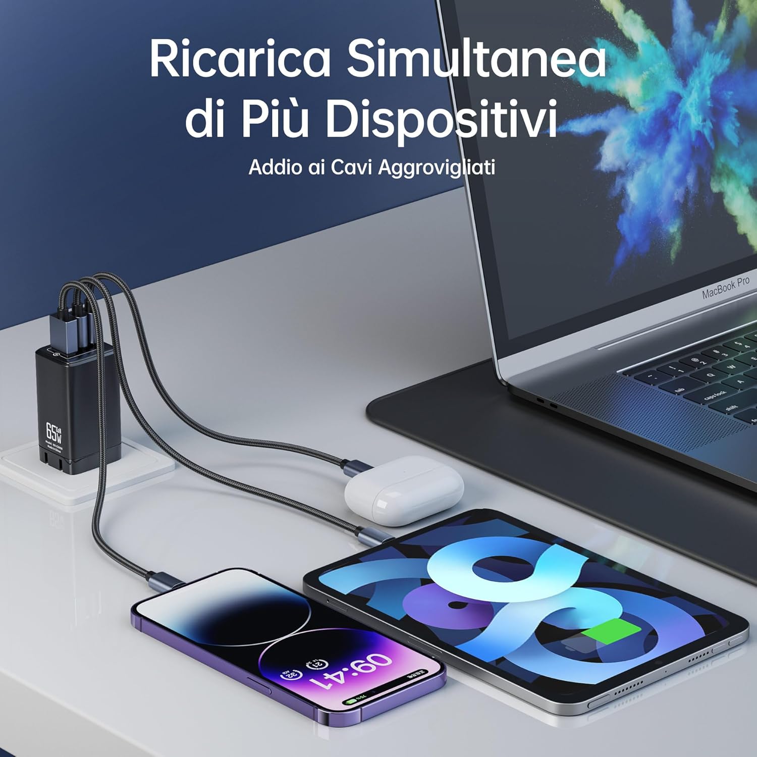 Thumbnail 5 de NOHON Caricatore USB-C 65W GaN PD 3.0 con 3 Porte e Cavo 140W 1,2 m