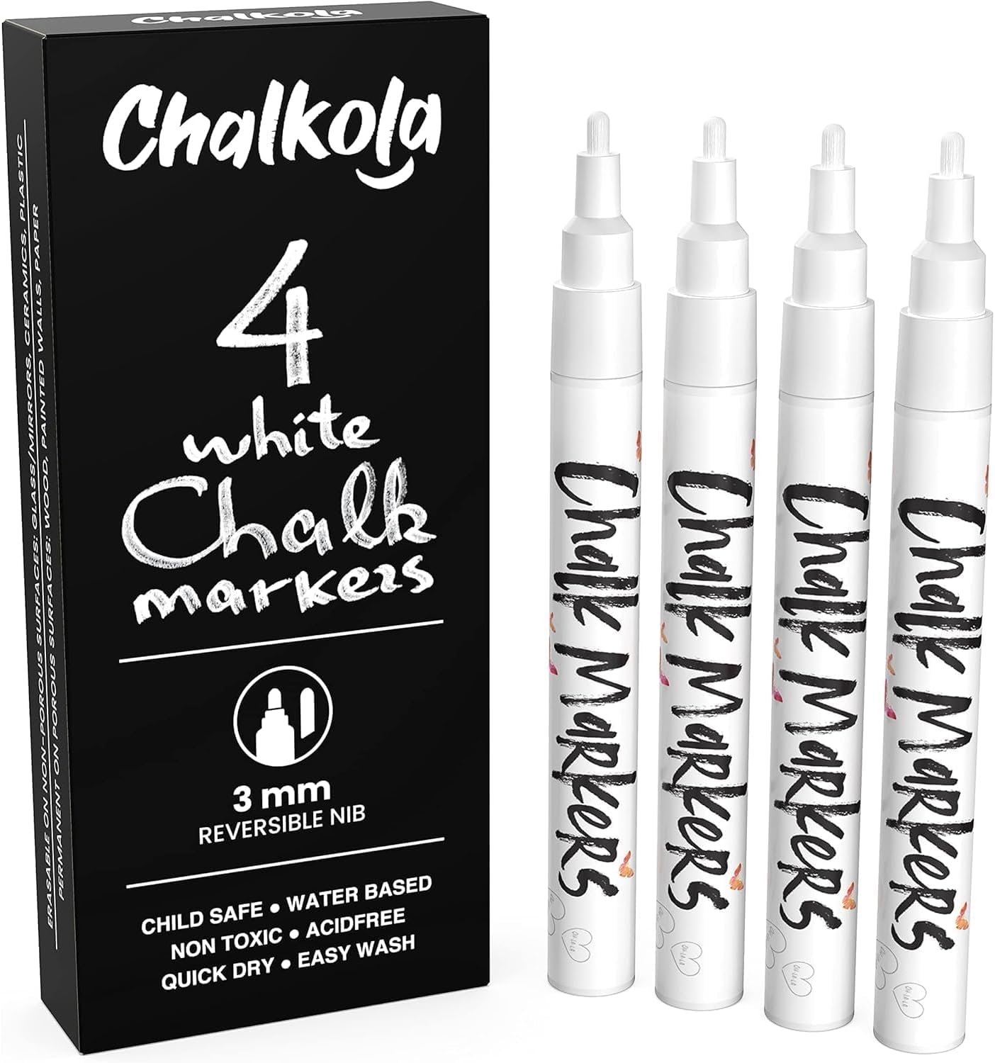Detalle de Chalkola Kreidestifte für Tafel & Glas – 4 weiße Kreidemarker mit extra feiner, umkehrbarer Spitze (3 mm)
