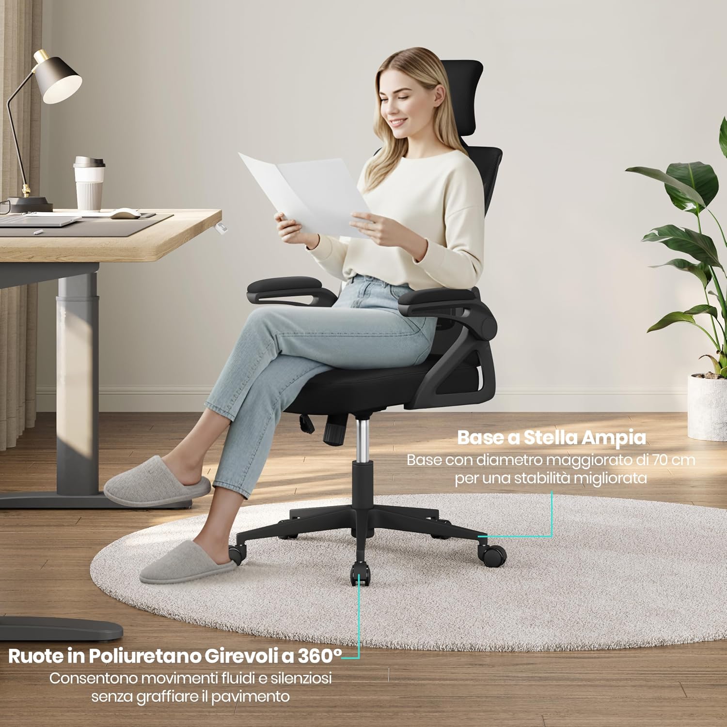 Thumbnail 6 de Yaheetech Sedia Ufficio Ergonomica con Braccioli e Poggiatesta Regolabile – Schienale Alto, Dondolo, Rete Traspirante e Supporto Lombare