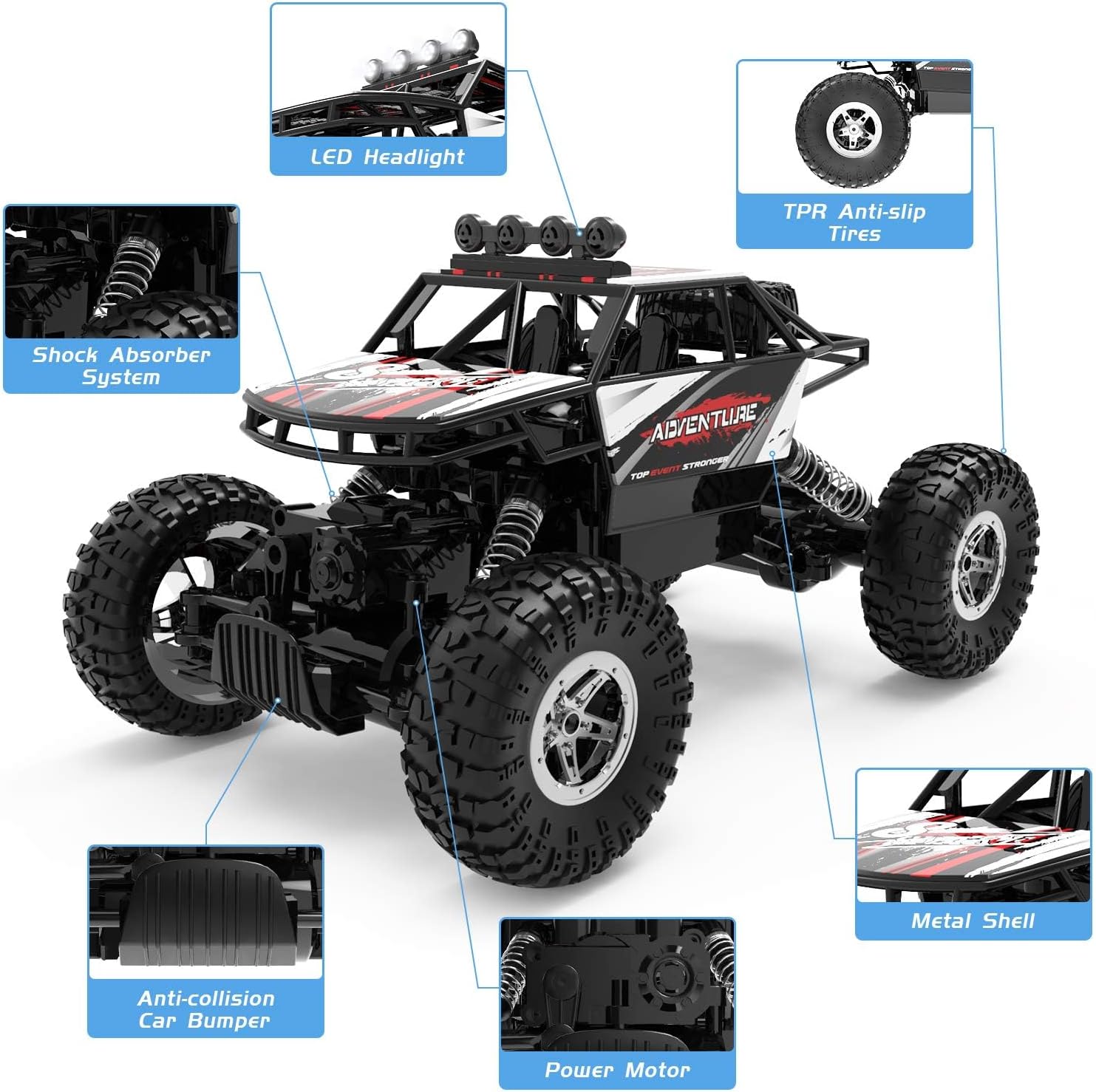 Detalle de DEERC 1:14 RC Monster Truck 4WD Rock Crawler (Metal Body, Dual Motors, 2.4GHz, LED) – With 2 Batteries
