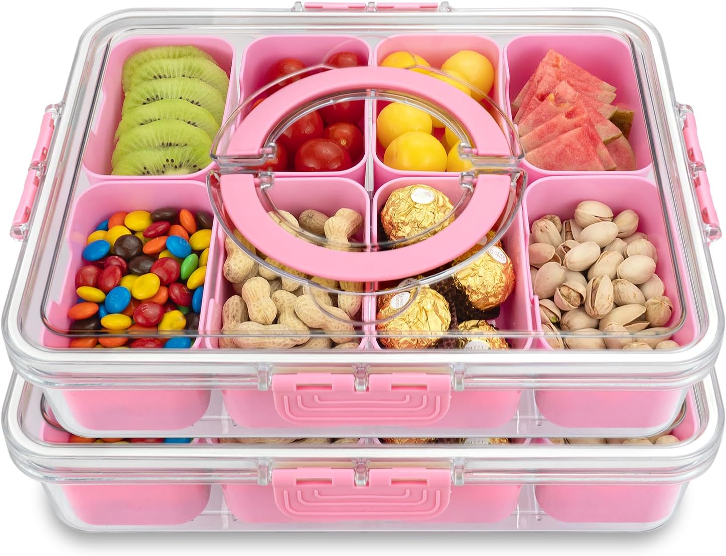 Divided Serving Tray with Lid and Handle (2-Pack) — 8 Compartments, 480 ml each, Pink