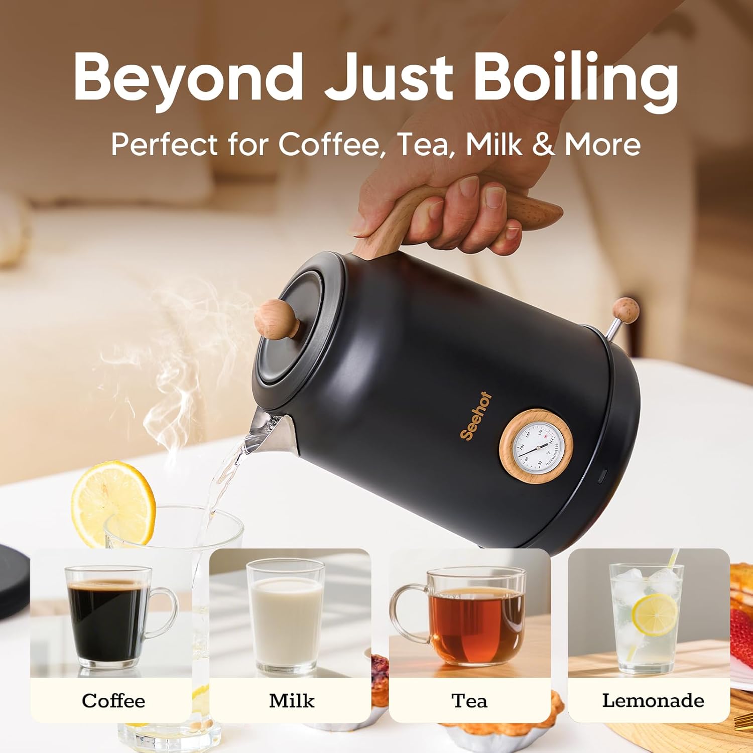 Detalle de Seehot 1.7L Electric Kettle with Thermometer (1200W) – 304 Stainless Steel, Auto Shut-Off, Black