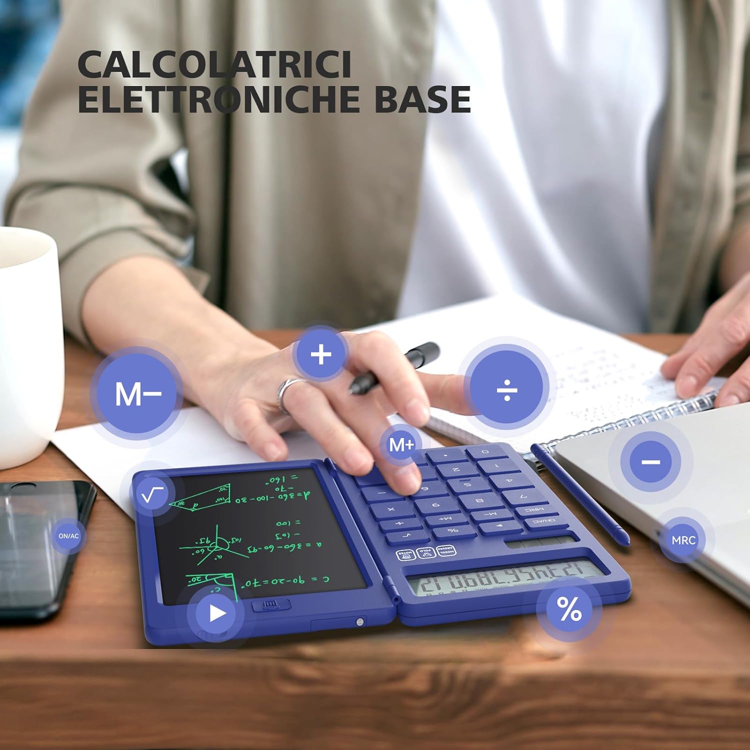 Detalle de NEWYES Calcolatrice 2-in-1 con Tavoletta da Scrittura e Penna – Blu, alimentazione solare e batteria CR1220