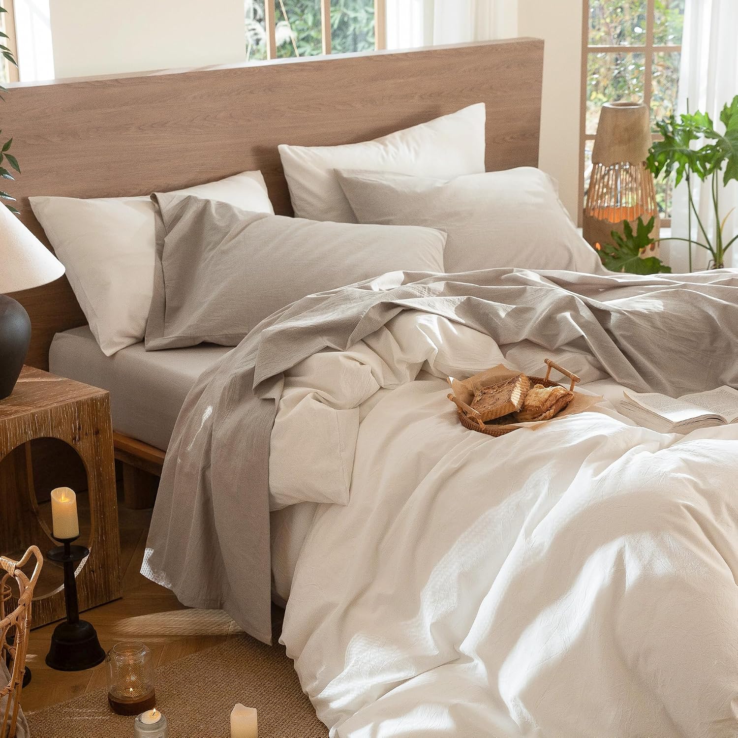 Thumbnail 6 de MooMee Bedding Sheet Set (Washed Cotton, Heathered Tannish Linen Grey, Queen)